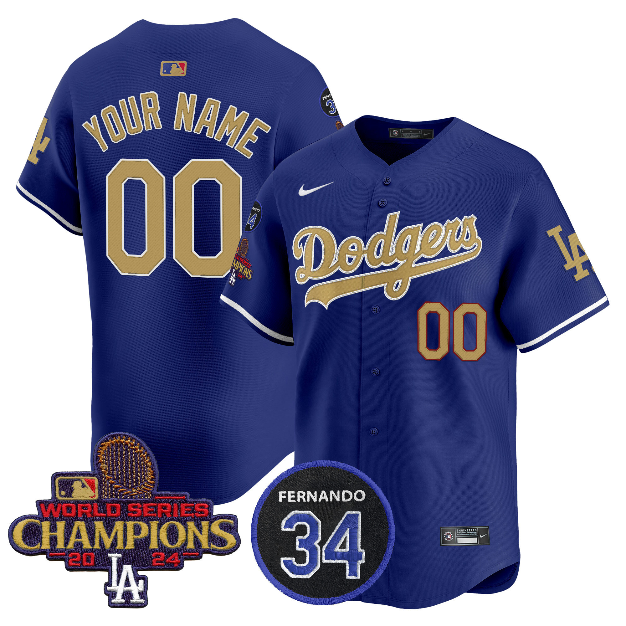 Men's Los Angeles Dodgers 2025 #34 Fernando Patch Gold Vapor Premier Limited Custom Royal Jersey - All Stitched
