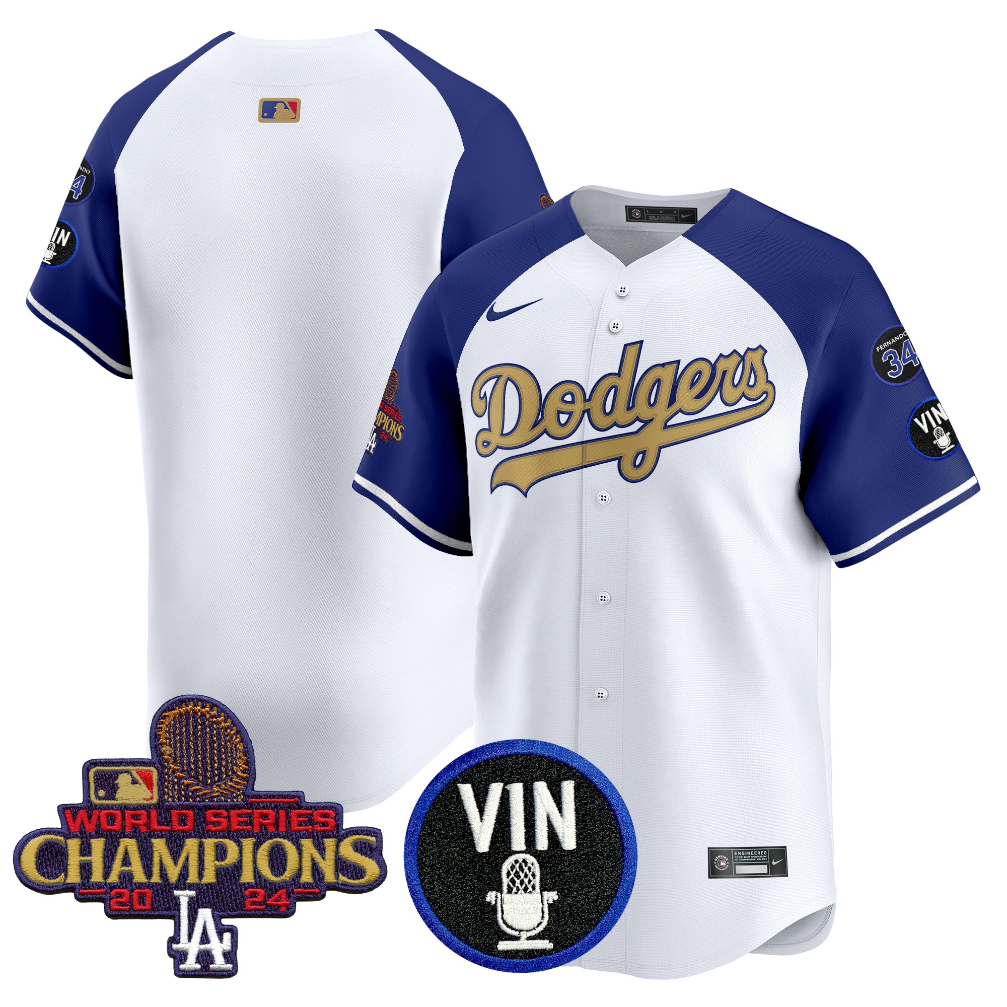 Men's Los Angeles Dodgers 2025 Vin Scully & #34 Fernando Patch Gold Vapor Premier Limited Alternate Jersey - All Stitched
