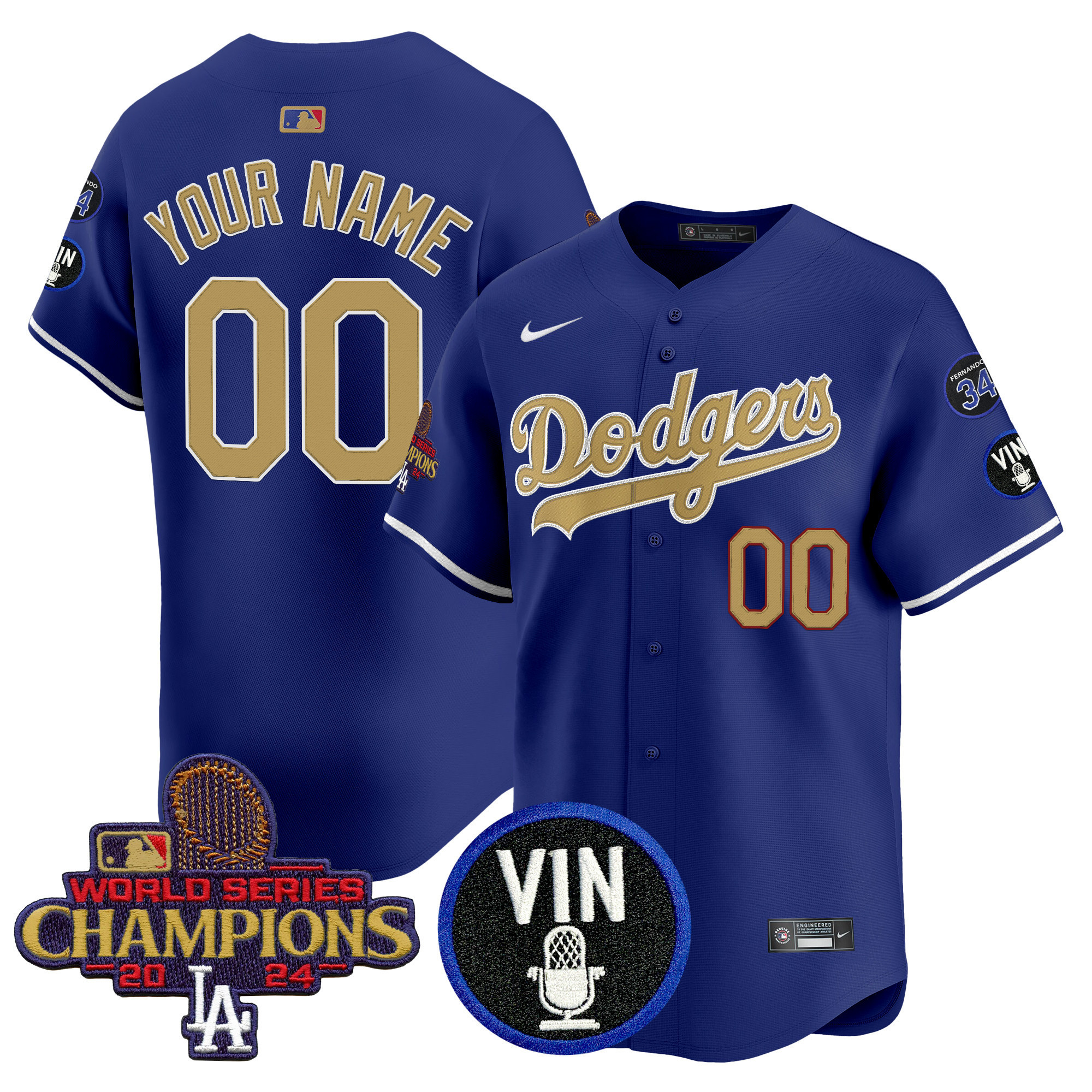 Men's Los Angeles Dodgers 2025 Vin Scully & #34 Fernando Patch Gold Vapor Premier Limited Custom Royal Jersey - All Stitched