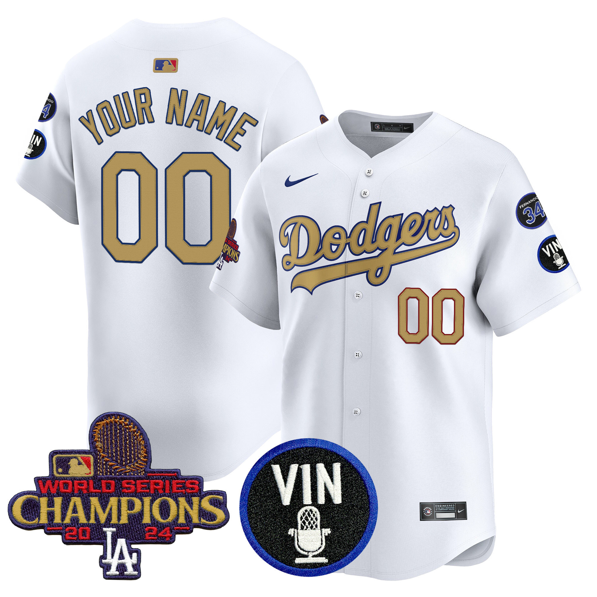 Men's Los Angeles Dodgers 2025 Vin Scully & #34 Fernando Patch Gold Vapor Premier Limited Custom White Jersey - All Stitched
