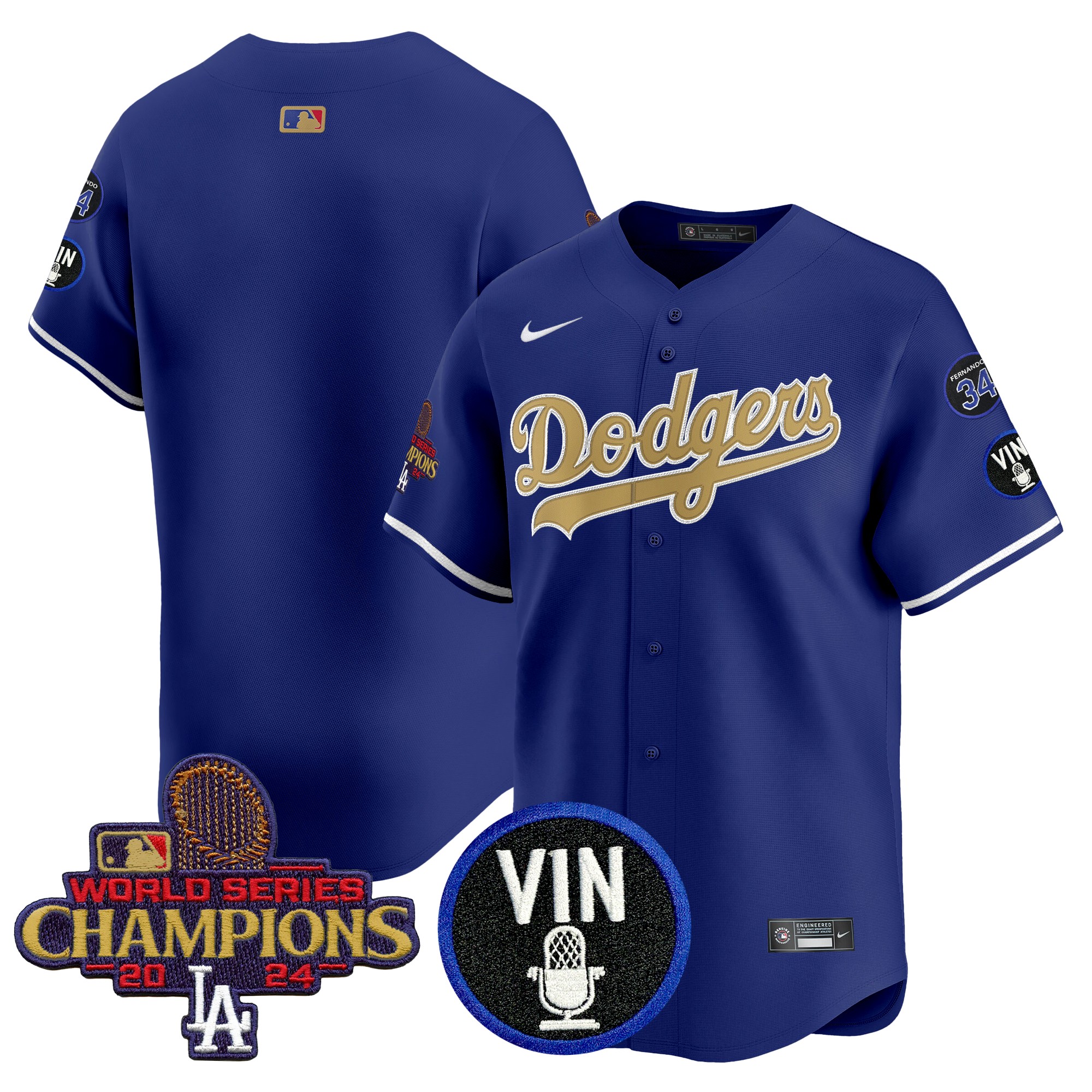 Men's Los Angeles Dodgers 2025 Vin Scully & #34 Fernando Patch Gold Vapor Premier Limited Royal Jersey - All Stitched