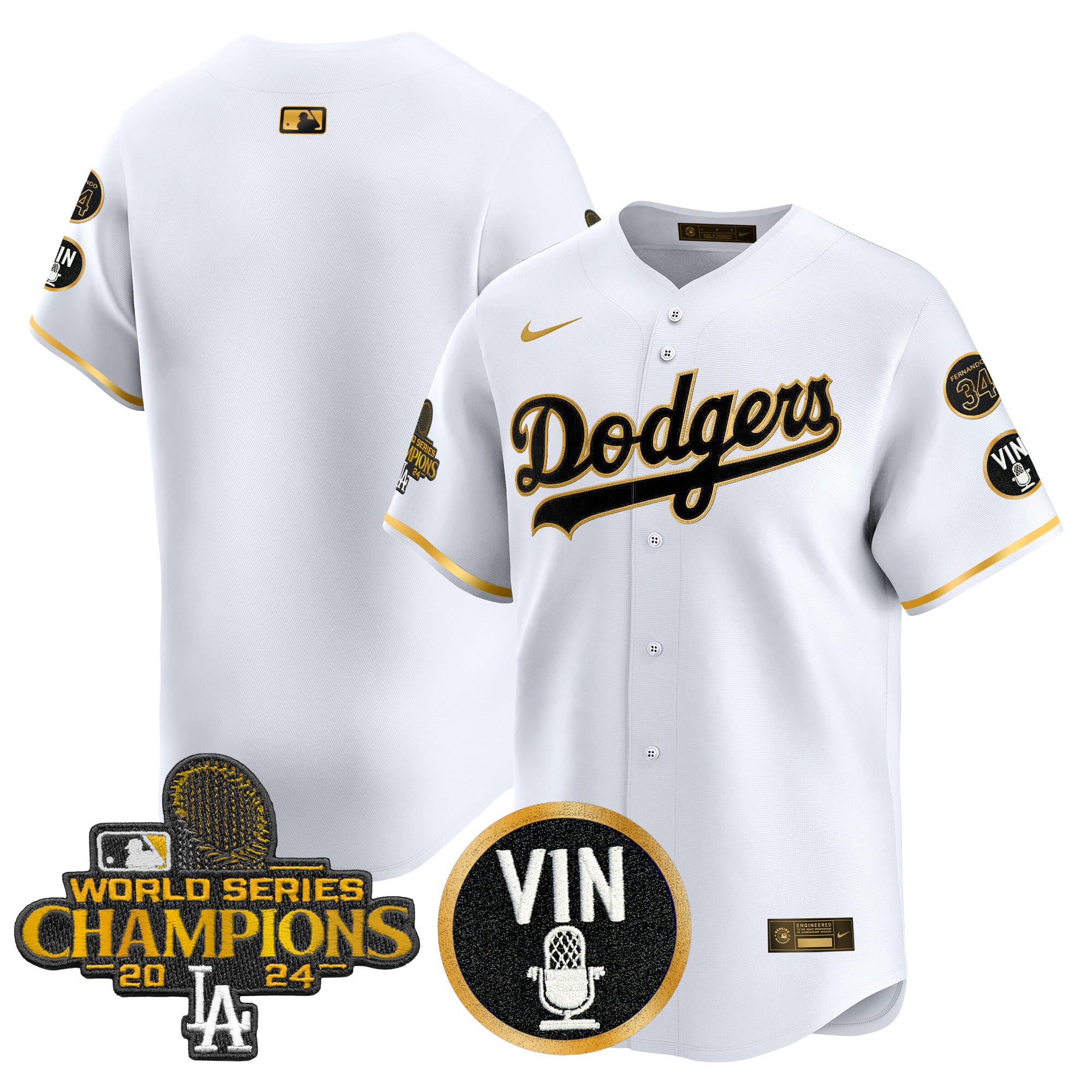 Men's Los Angeles Dodgers 2025 Vin Scully & #34 Fernando Patch Gold Vapor Premier Limited White Gold Jersey - All Stitched
