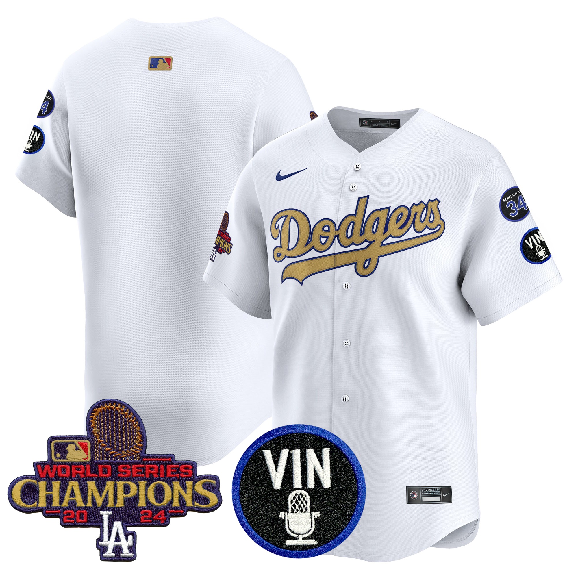 Men's Los Angeles Dodgers 2025 Vin Scully & #34 Fernando Patch Gold Vapor Premier Limited White Jersey - All Stitched