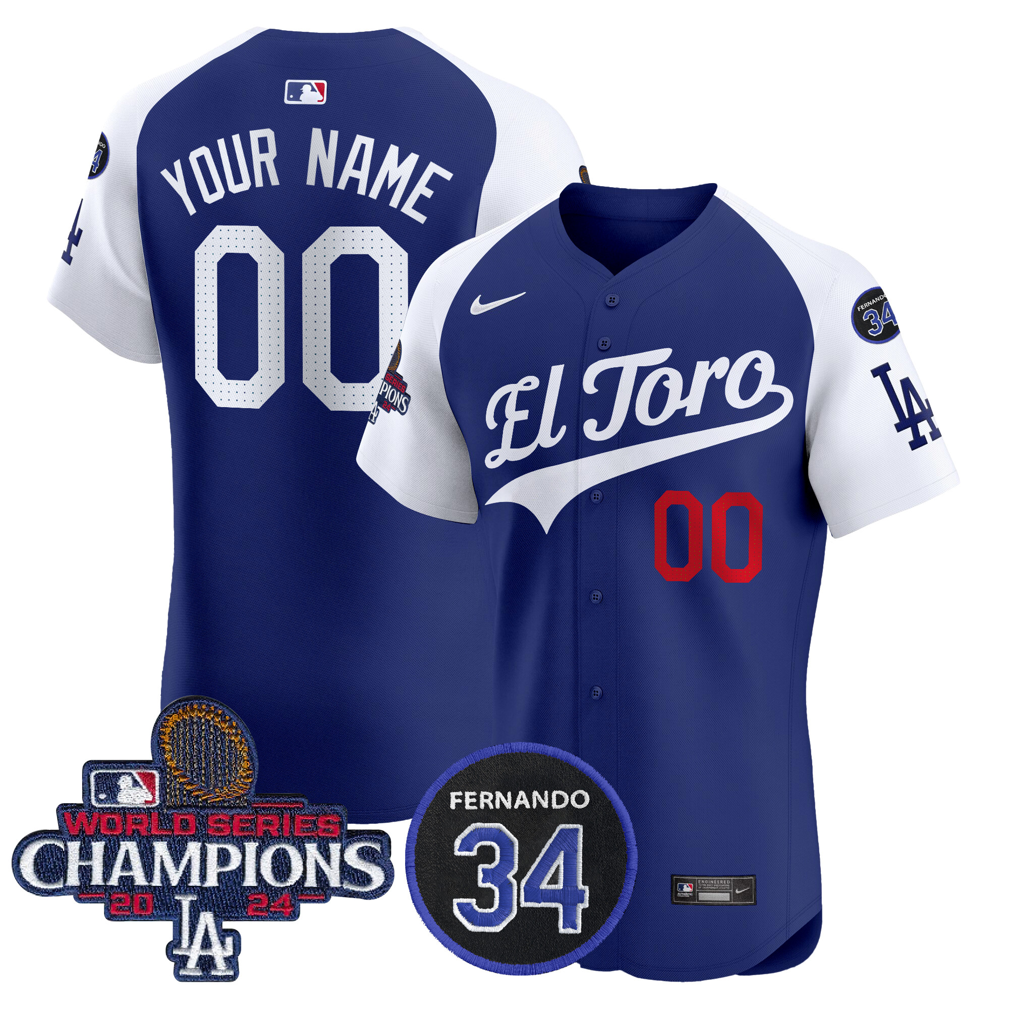 Men's Los Angeles Dodgers El Toro 2024 World Series Champions Patch Vapor Premier Elite Custom Alternate Royal Jersey - All Stitched