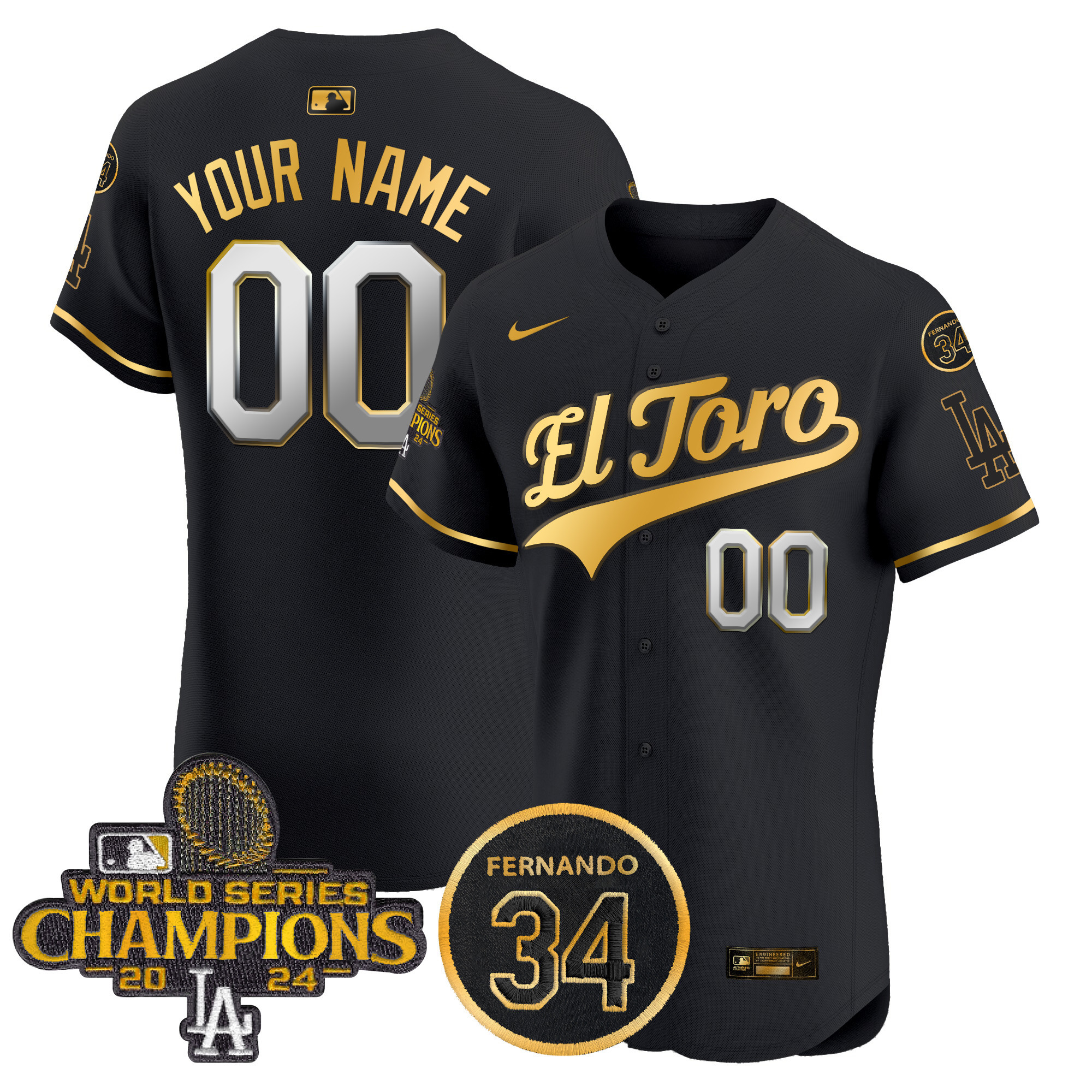 Men's Los Angeles Dodgers El Toro 2024 World Series Champions Patch Vapor Premier Elite Custom Black Gold Jersey - All Stitched