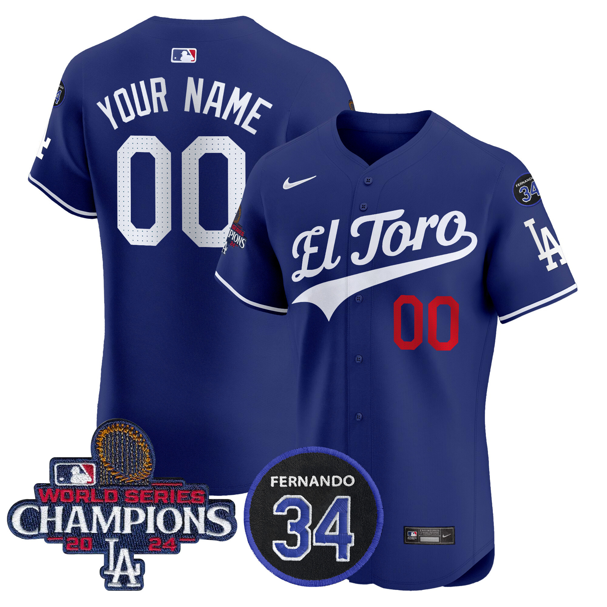 Men's Los Angeles Dodgers El Toro 2024 World Series Champions Patch Vapor Premier Elite Custom Royal Jersey - All Stitched