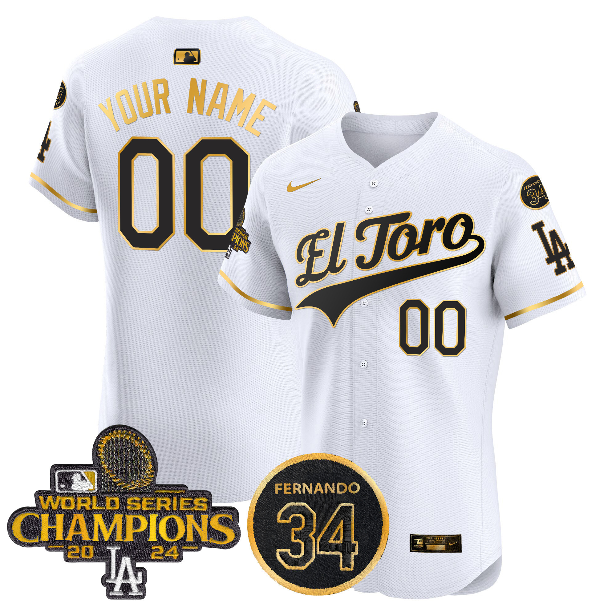 Men's Los Angeles Dodgers El Toro 2024 World Series Champions Patch Vapor Premier Elite Custom White Gold Jersey - All Stitched
