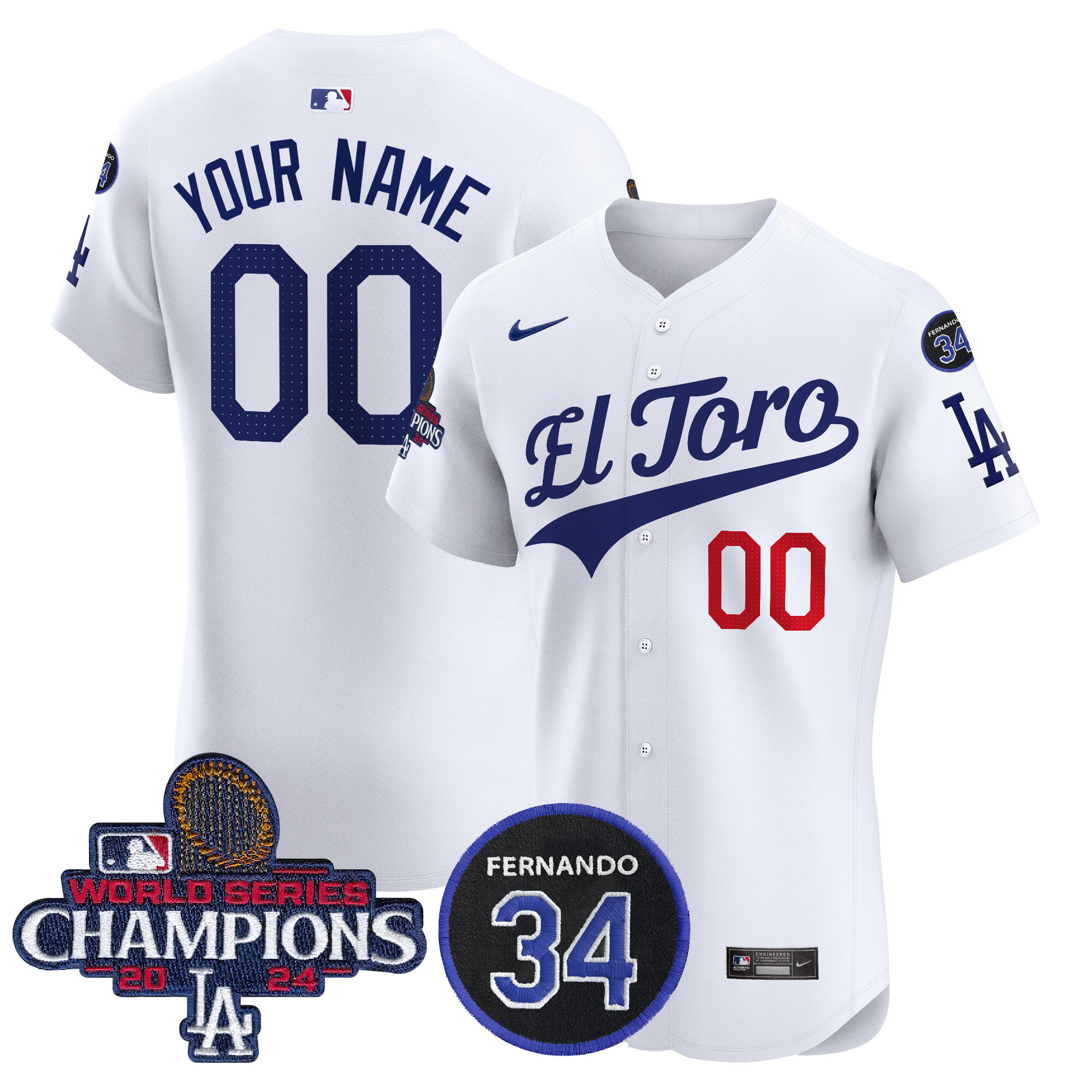Men's Los Angeles Dodgers El Toro 2024 World Series Champions Patch Vapor Premier Elite Custom White Jersey - All Stitched