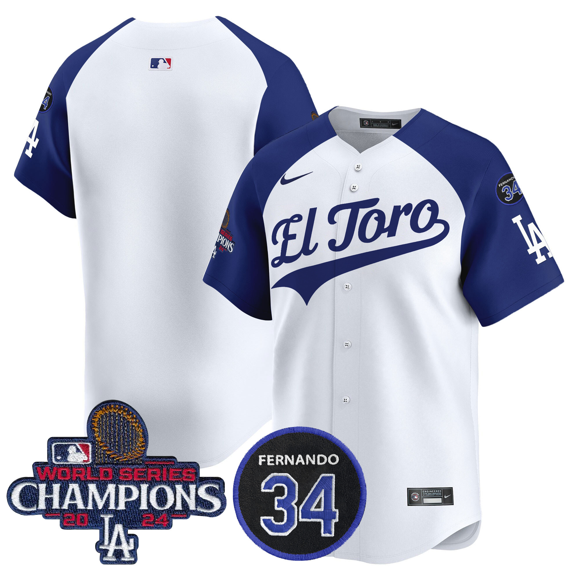 Men's Los Angeles Dodgers El Toro 2024 World Series Champions Patch Vapor Premier Limited Alternate White Jersey - All Stitched