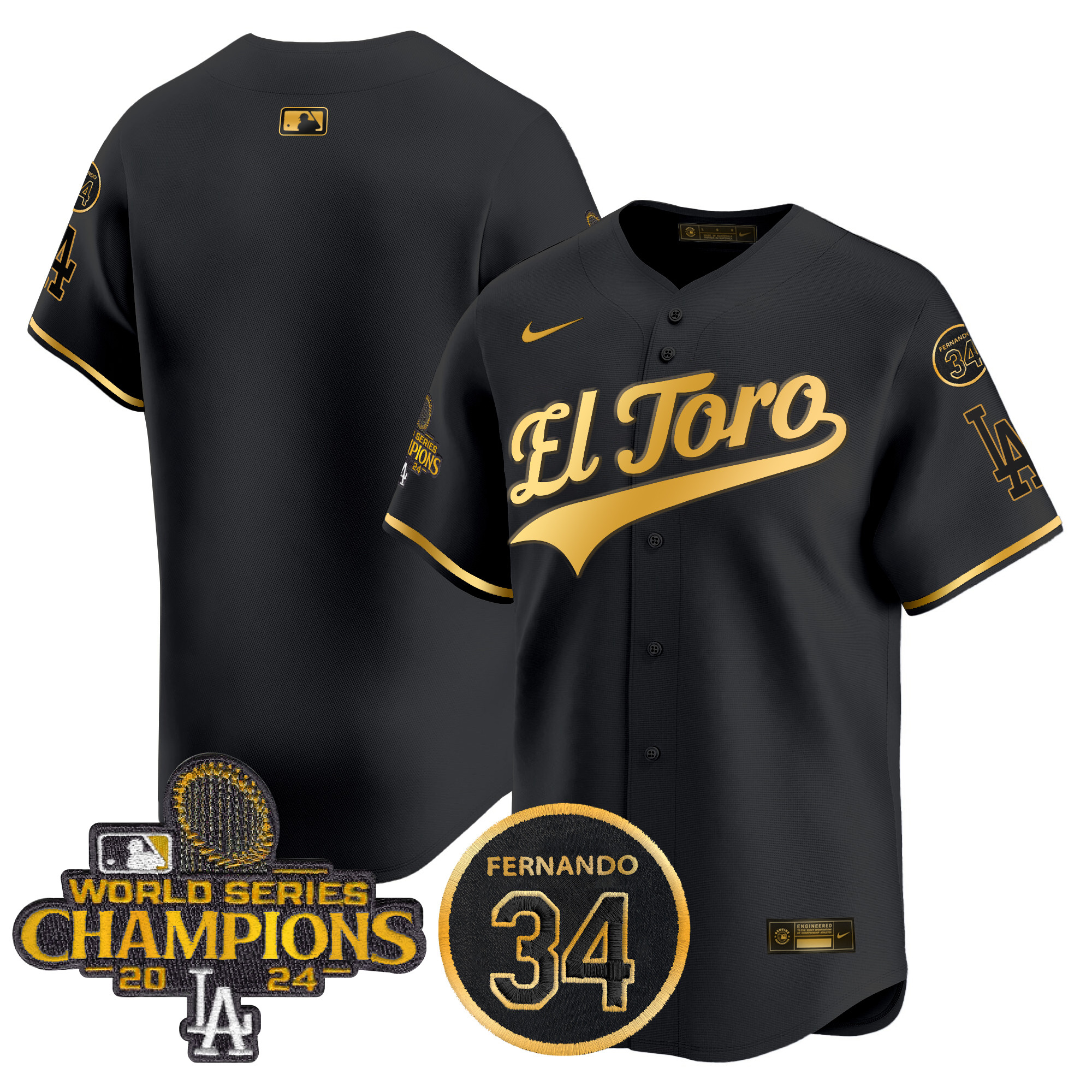 Men's Los Angeles Dodgers El Toro 2024 World Series Champions Patch Vapor Premier Limited Black Gold Jersey - All Stitched