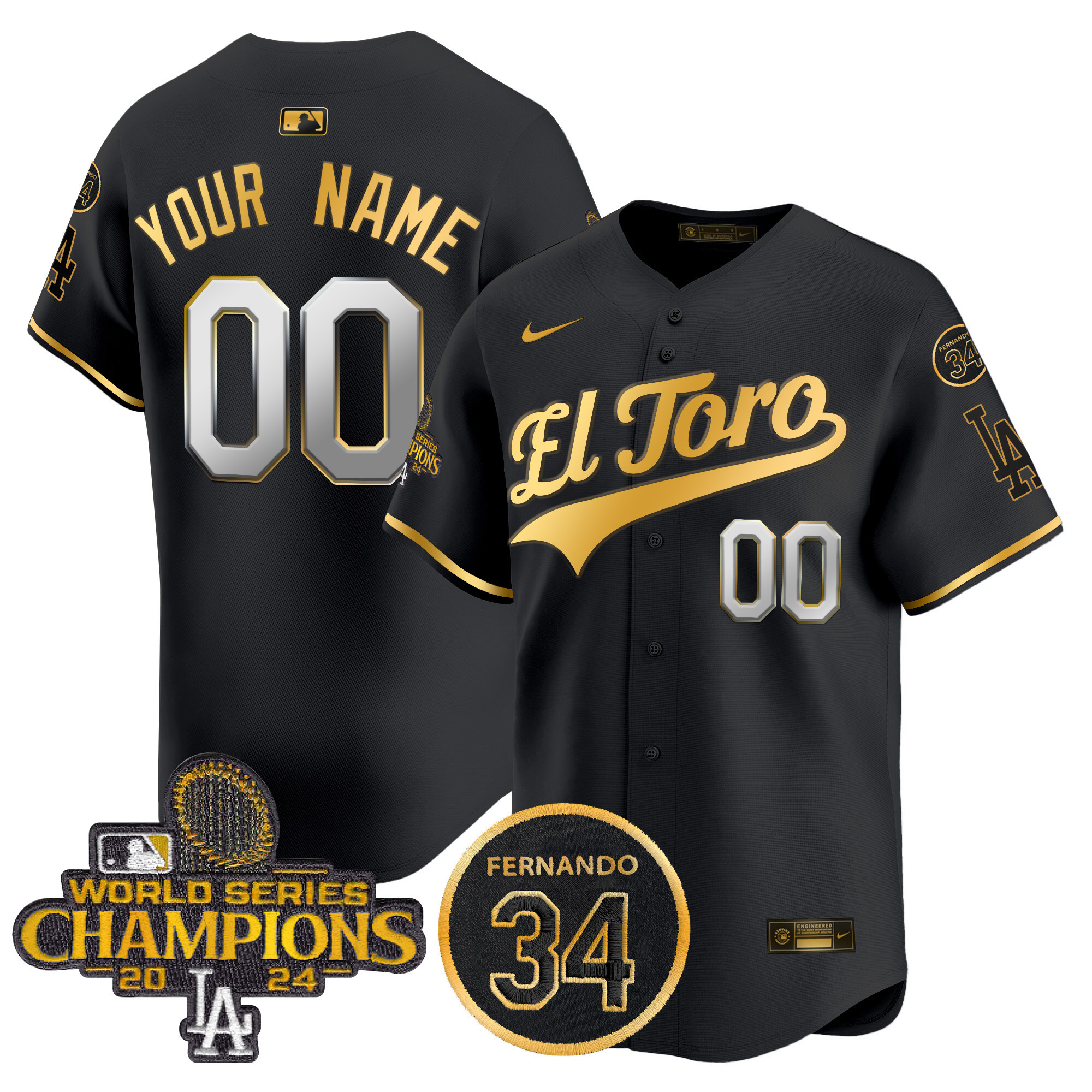 Men's Los Angeles Dodgers El Toro 2024 World Series Champions Patch Vapor Premier Limited Custom Black Gold Jersey - All Stitched