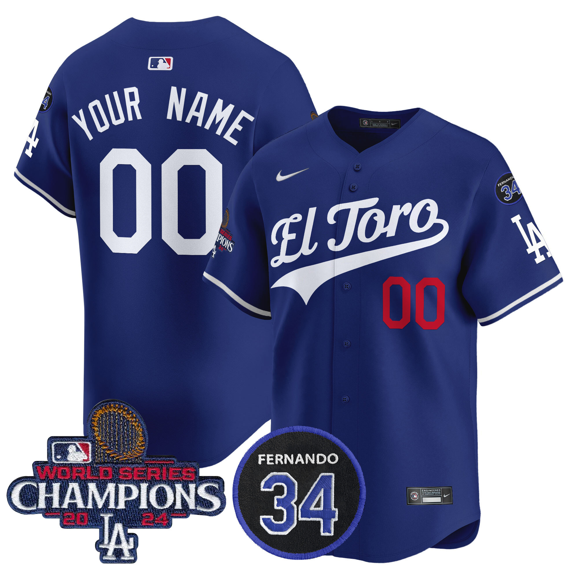 Men's Los Angeles Dodgers El Toro 2024 World Series Champions Patch Vapor Premier Limited Custom Royal Jersey - All Stitched