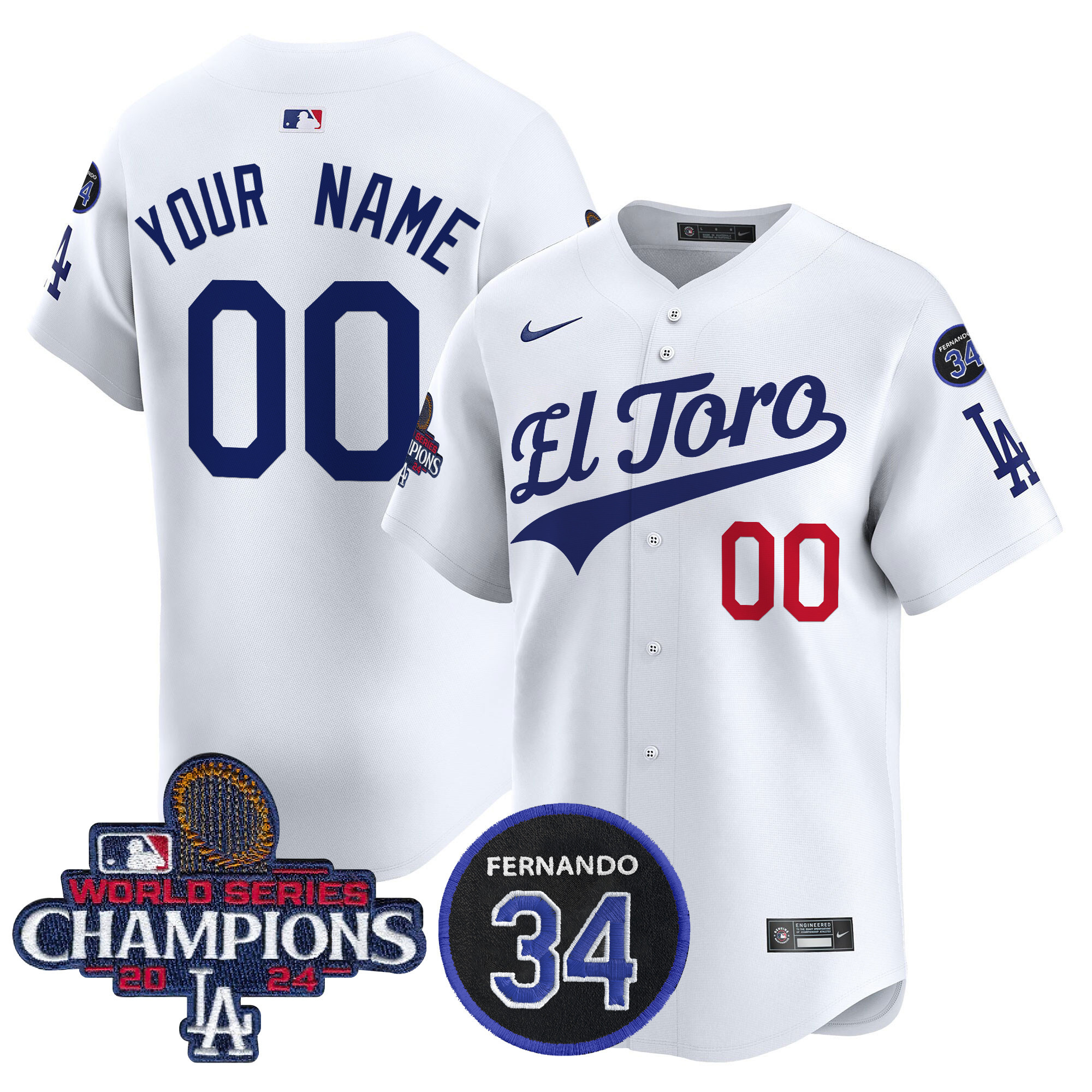 Men's Los Angeles Dodgers El Toro 2024 World Series Champions Patch Vapor Premier Limited Custom White Jersey - All Stitched