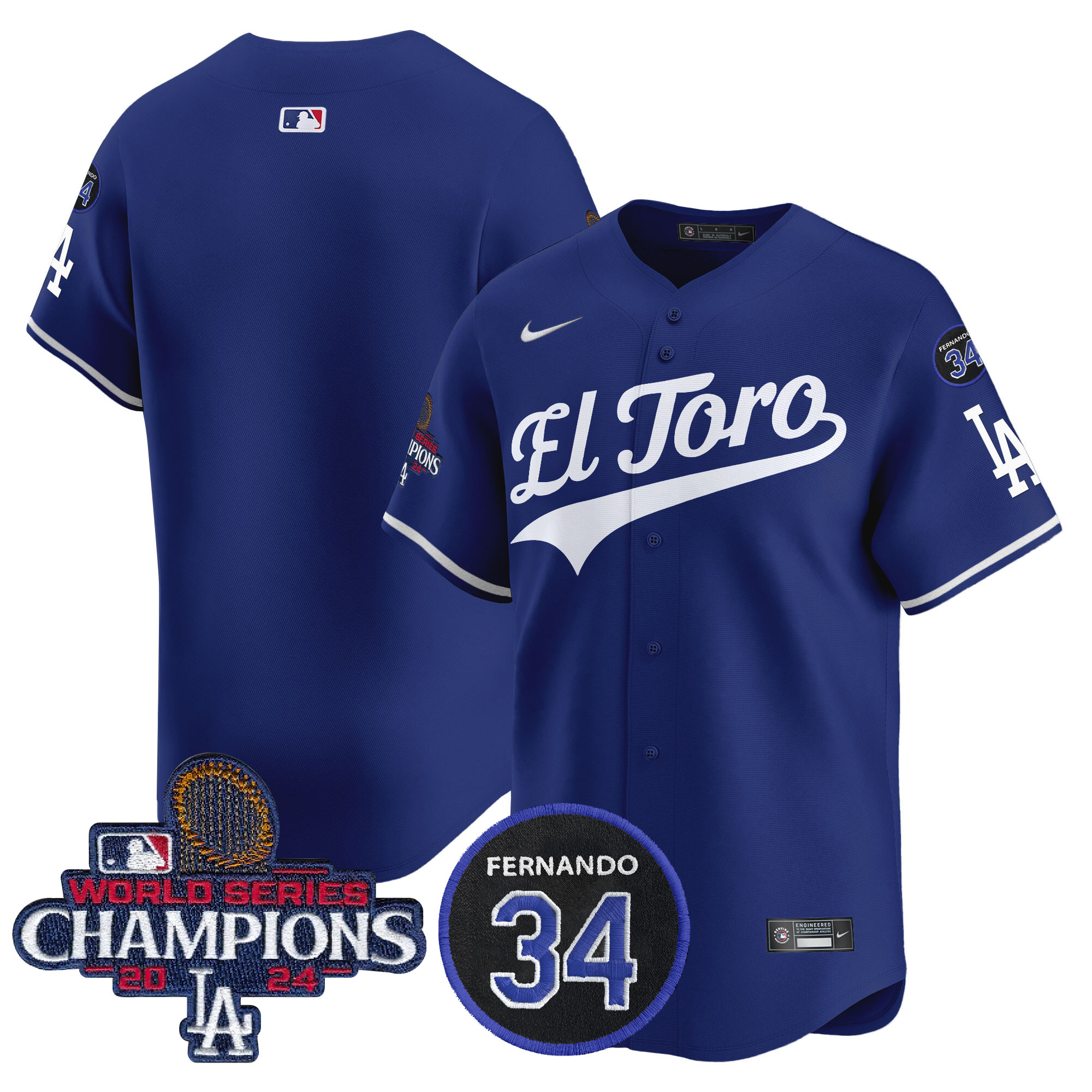 Men's Los Angeles Dodgers El Toro 2024 World Series Champions Patch Vapor Premier Limited Royal Jersey - All Stitched