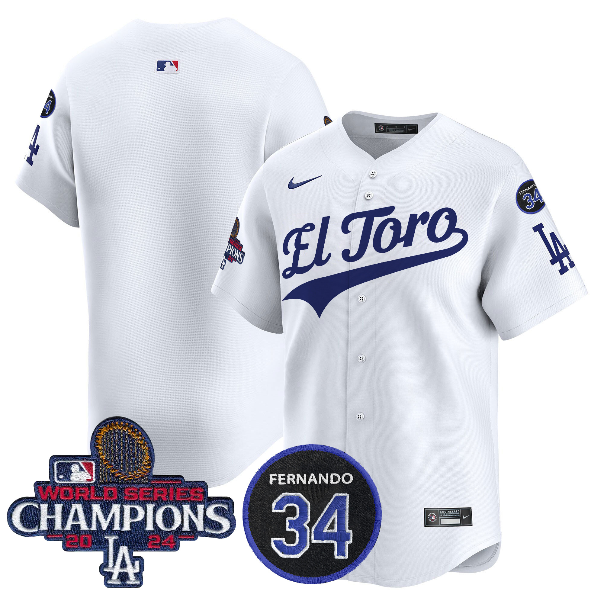 Men's Los Angeles Dodgers El Toro 2024 World Series Champions Patch Vapor Premier Limited White Jersey - All Stitched