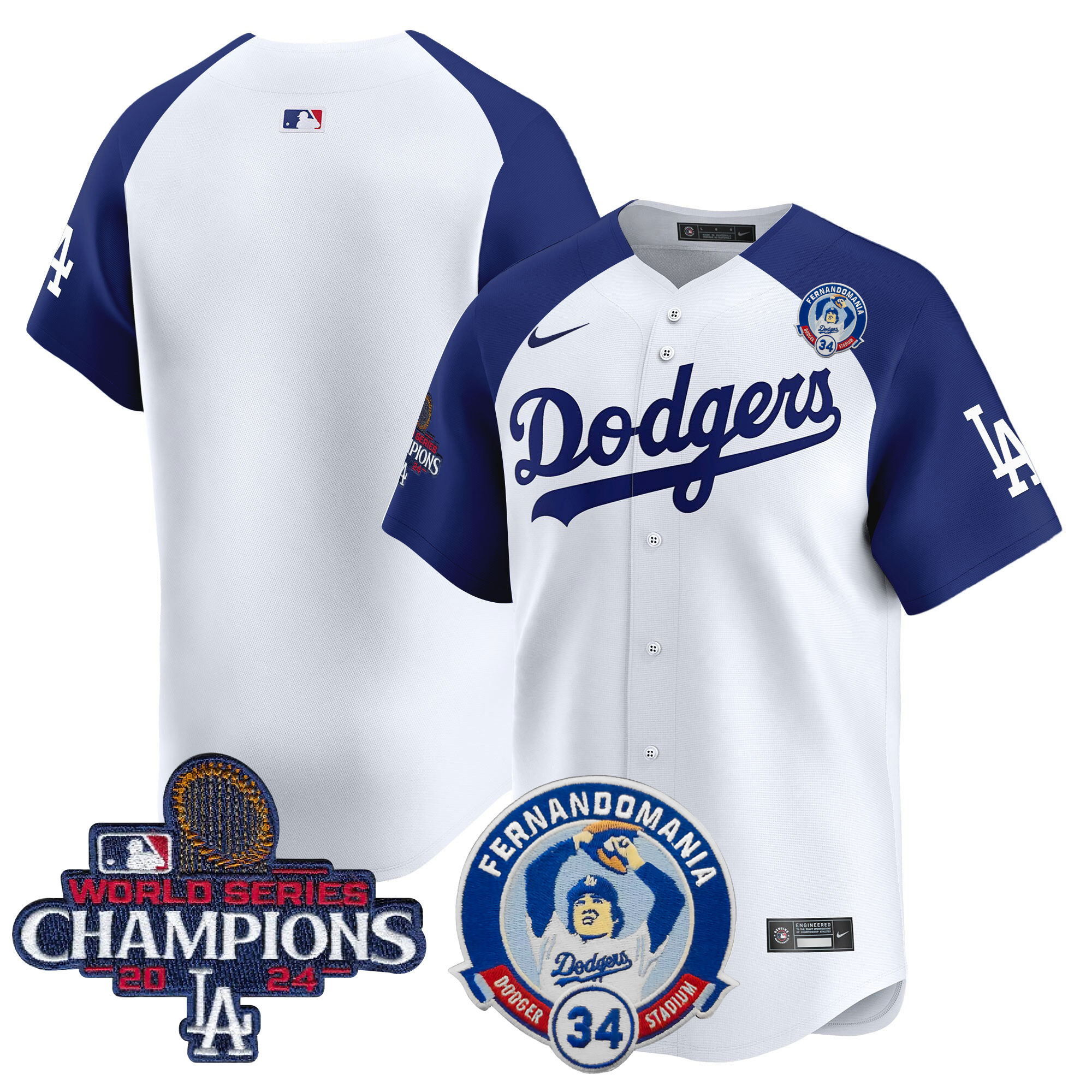 Men's Los Angeles Dodgers Fernando & 2024 World Series Champions Patch Vapor Premier Limited Alternate White Jersey V2 - All Stitched