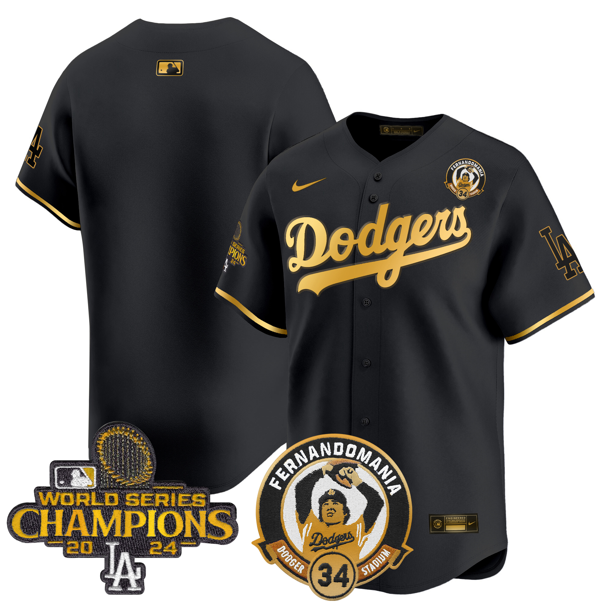 Men's Los Angeles Dodgers Fernando & 2024 World Series Champions Patch Vapor Premier Limited Black Gold Jersey V2 - All Stitched