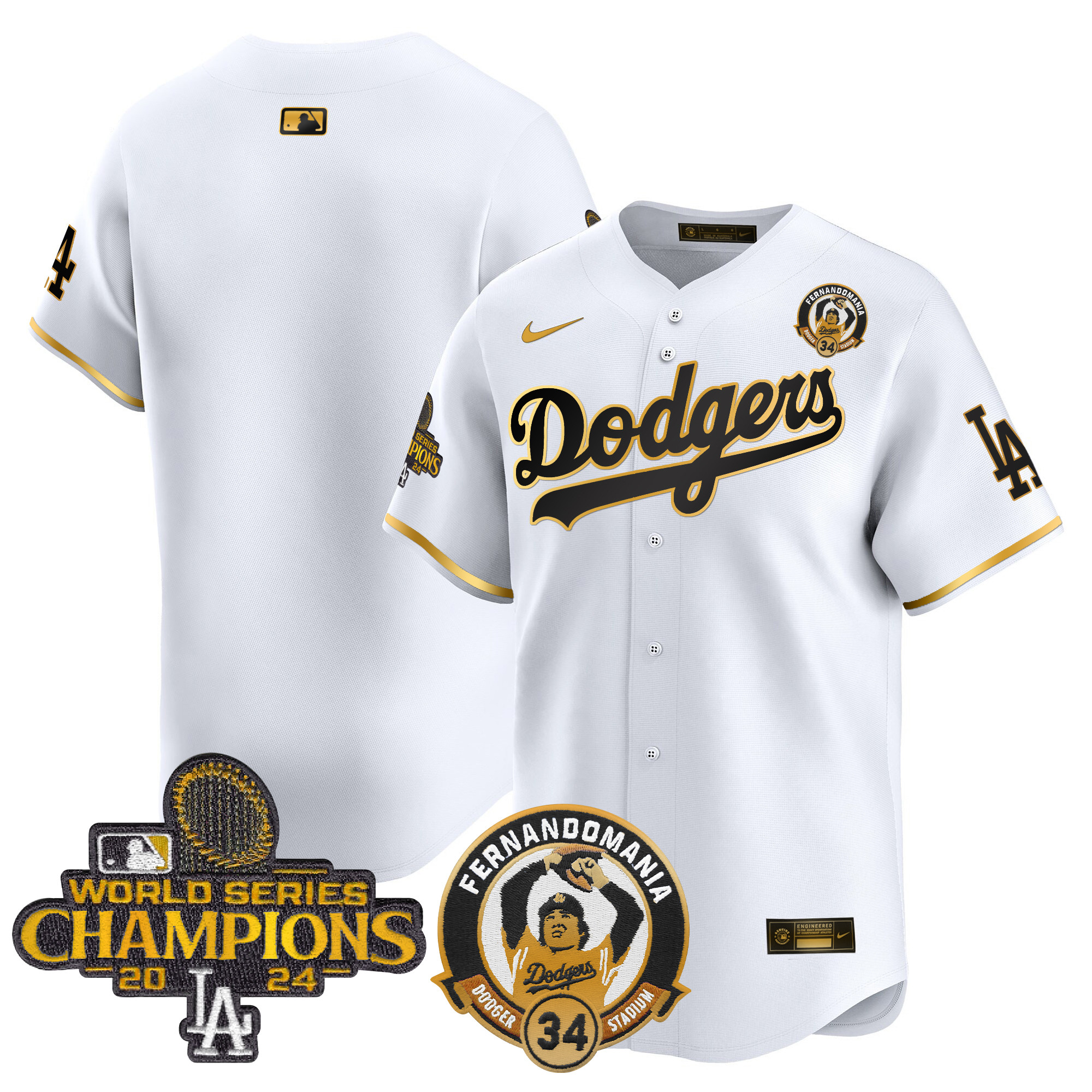 Men's Los Angeles Dodgers Fernando & 2024 World Series Champions Patch Vapor Premier Limited White Gold Jersey - All Stitched