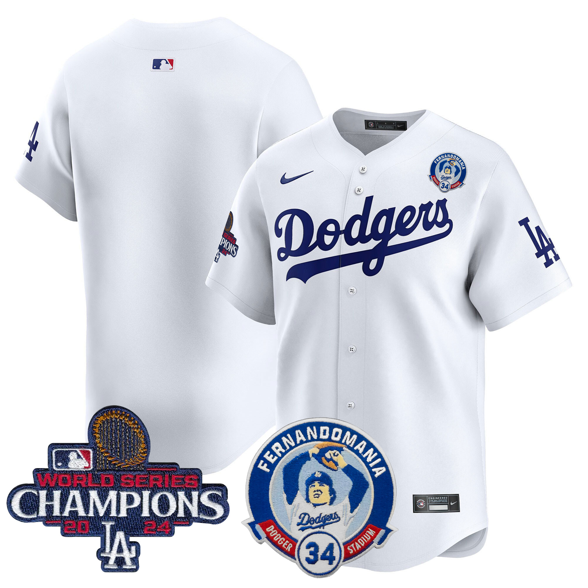 Men's Los Angeles Dodgers Fernando & 2024 World Series Champions Patch Vapor Premier Limited White Jersey V2 - All Stitched