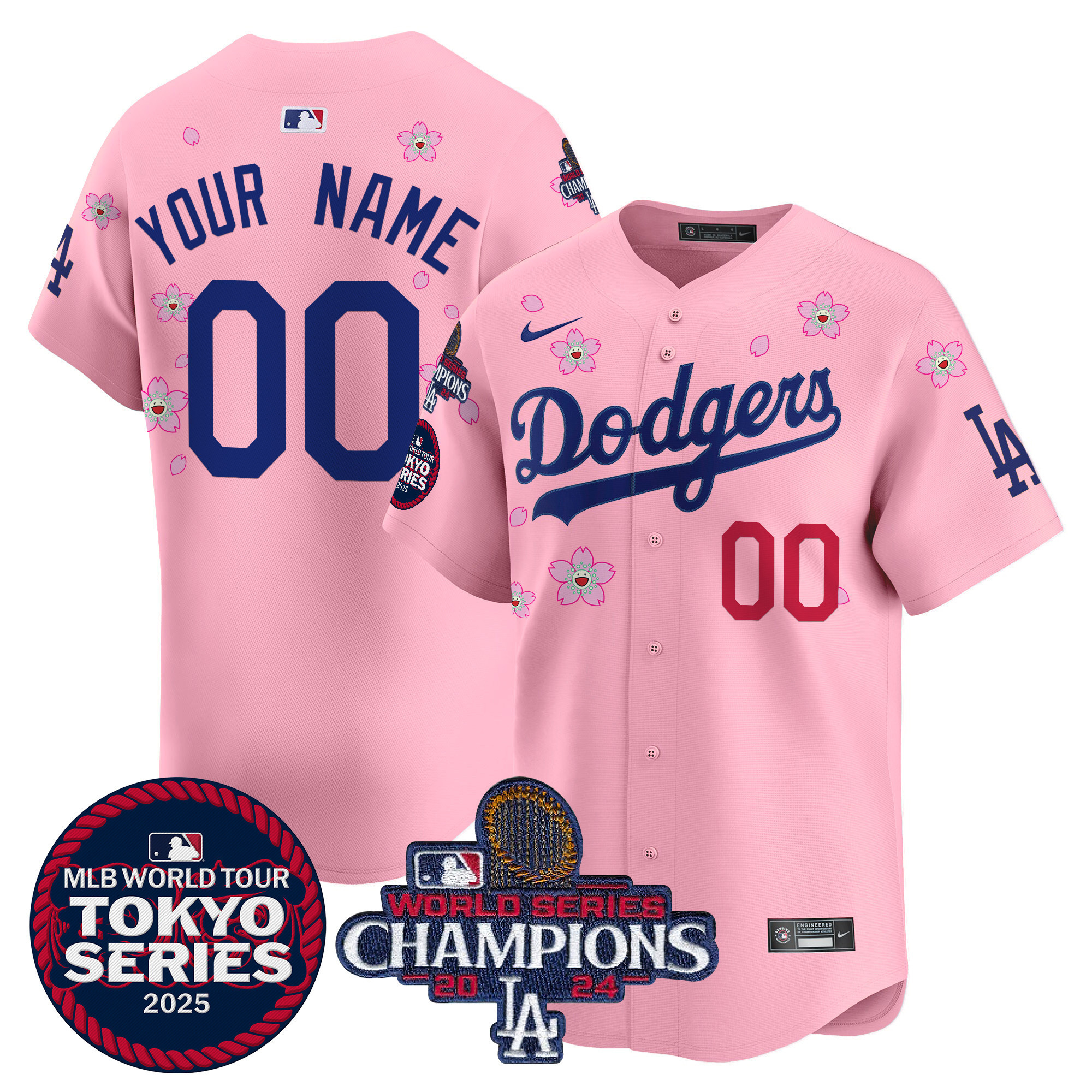 Men's Los Angeles Dodgers Tokyo Series 2025 World Series Champions Patch Vapor Premier Limited Custom Cherry Blossom Jersey - Stitched