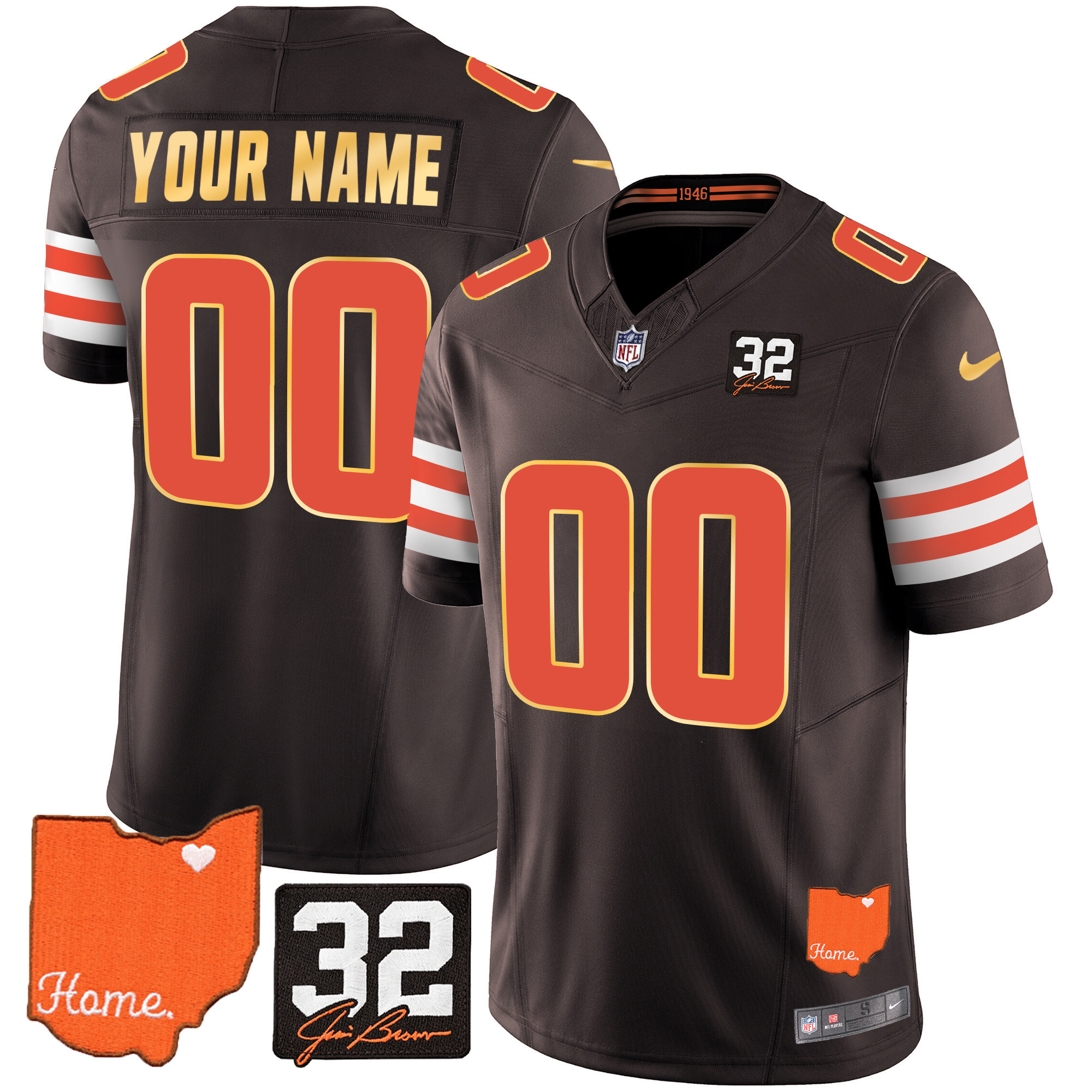 Men's Men's Cleveland Browns #32 Jim Brown Memorial & Home Patch Gold Trim Custom Brown Jersey - All Stitched