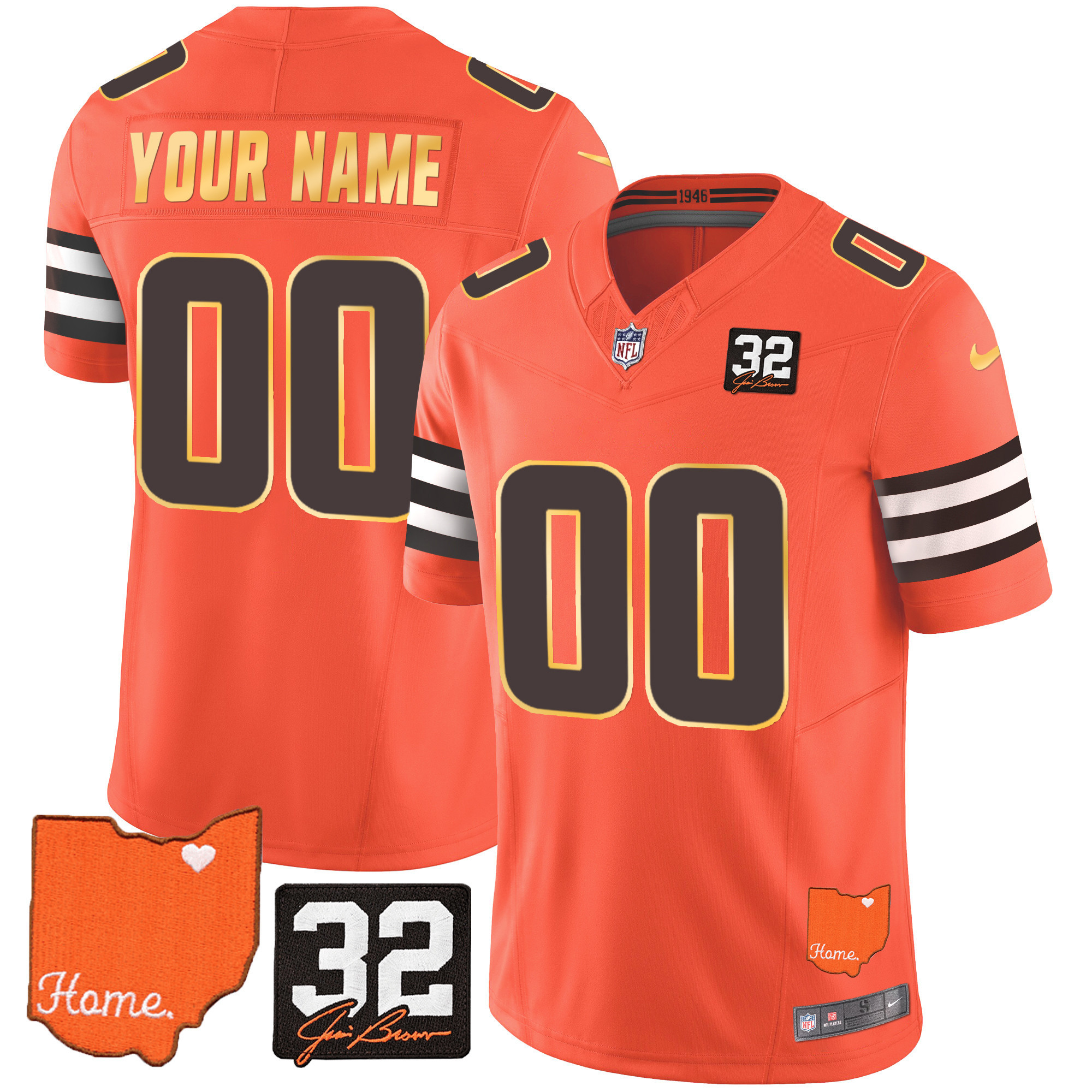 Men's Men's Cleveland Browns #32 Jim Brown Memorial & Home Patch Gold Trim Custom Orange Jersey - All Stitched