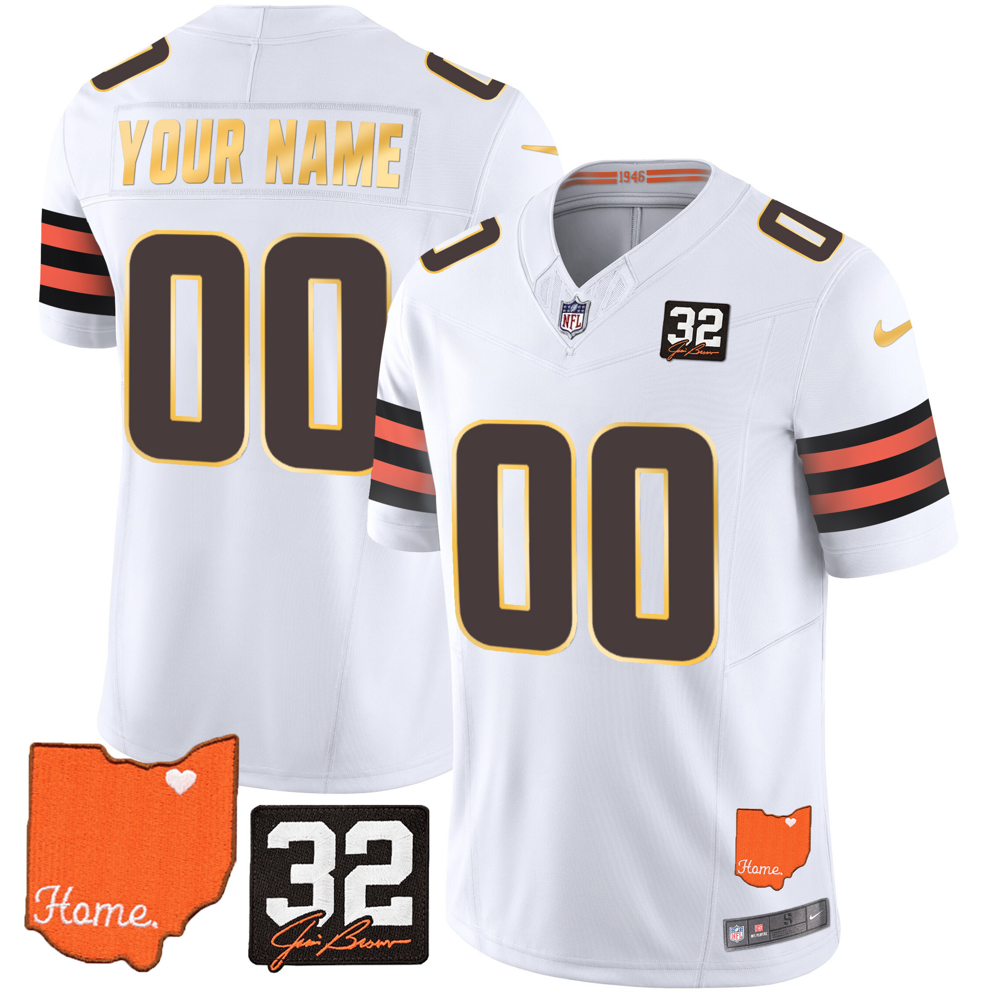 Men's Men's Cleveland Browns #32 Jim Brown Memorial & Home Patch Gold Trim Custom White Jersey - All Stitched
