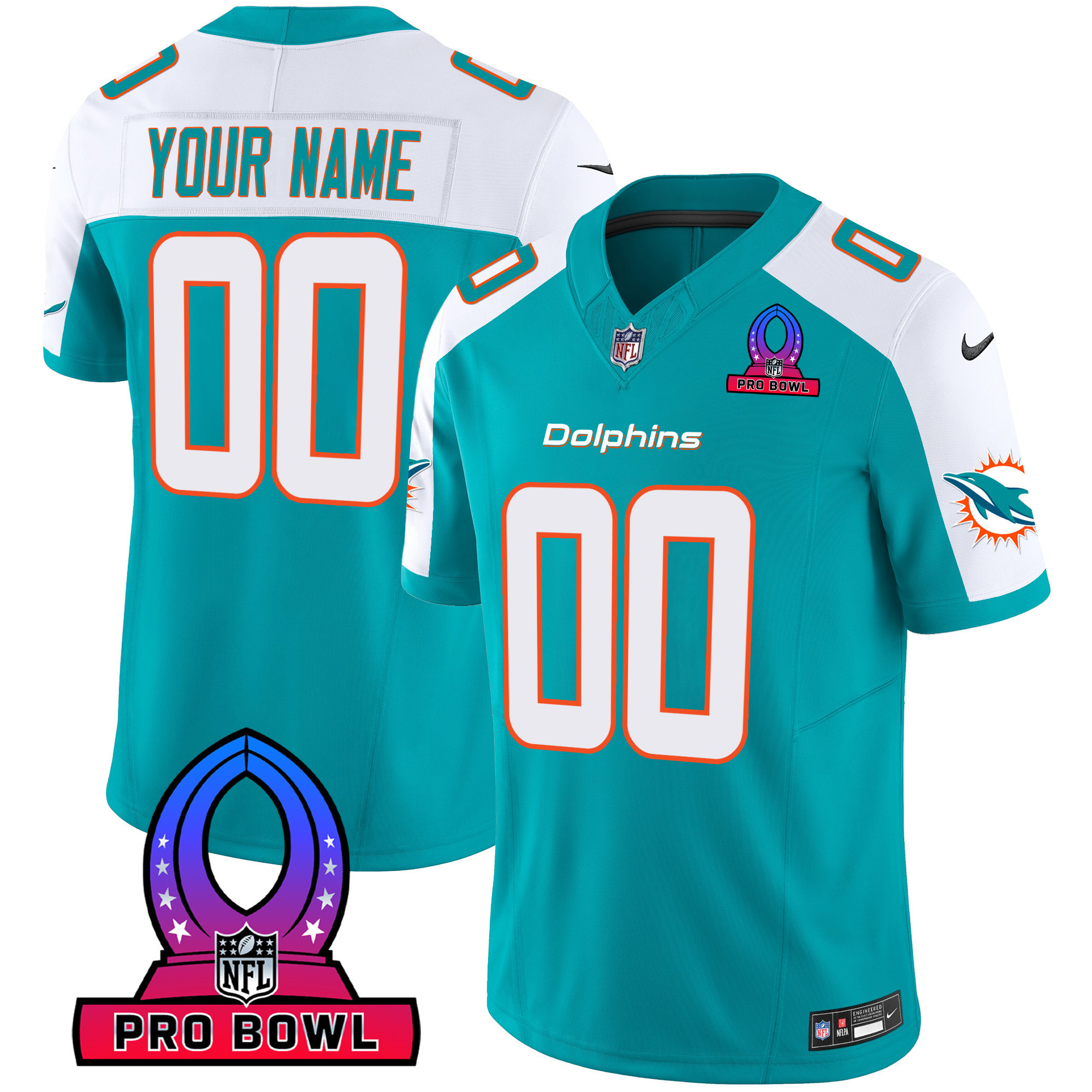 Men's Miami Dolphins 2024 Pro Bowl Patch Vapor Custom Aqua Alternate Jersey - All Stitched