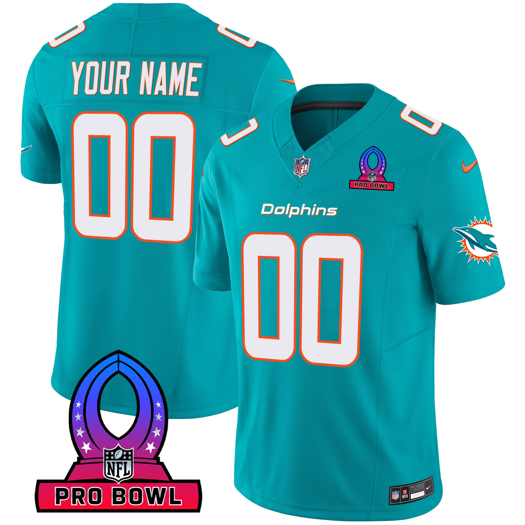 Men's Miami Dolphins 2024 Pro Bowl Patch Vapor Custom Aqua Jersey - All Stitched