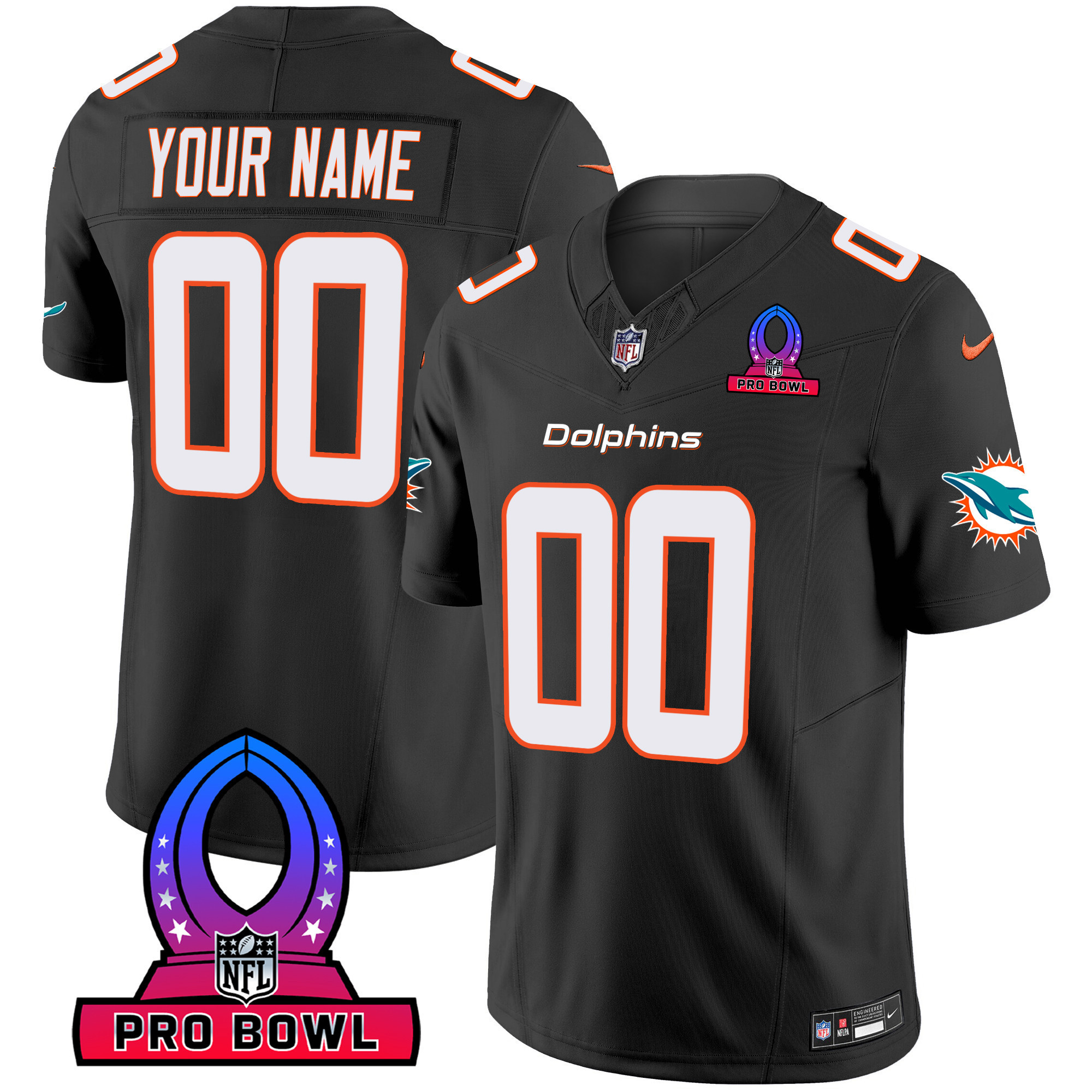 Men's Miami Dolphins 2024 Pro Bowl Patch Vapor Custom Black Jersey - All Stitched