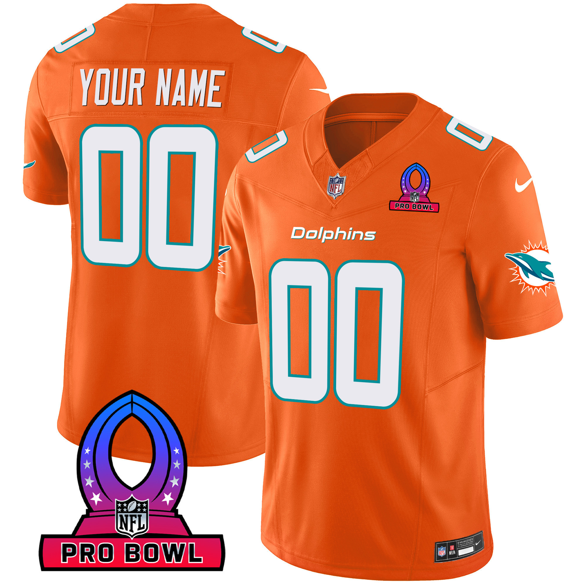 Men's Miami Dolphins 2024 Pro Bowl Patch Vapor Custom Orange Jersey - All Stitched