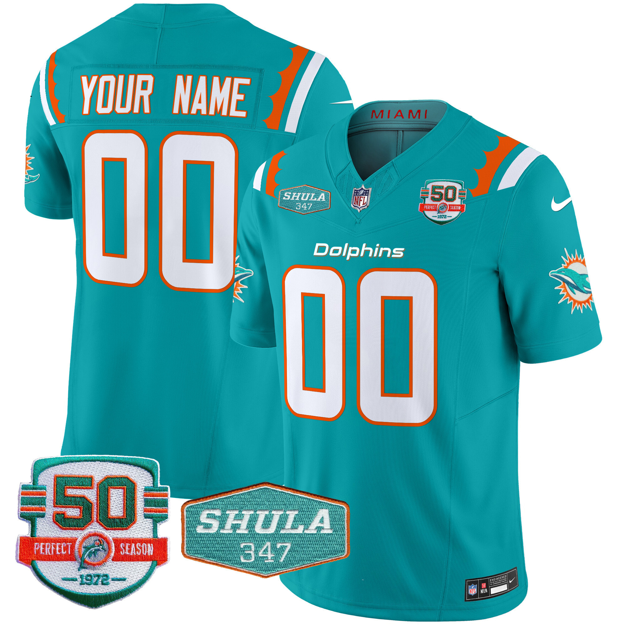 Men's Miami Dolphins 50th & Don Shula 347 Memorial Patch Vapor Limited Custom Aqua Jersey - All Stitched