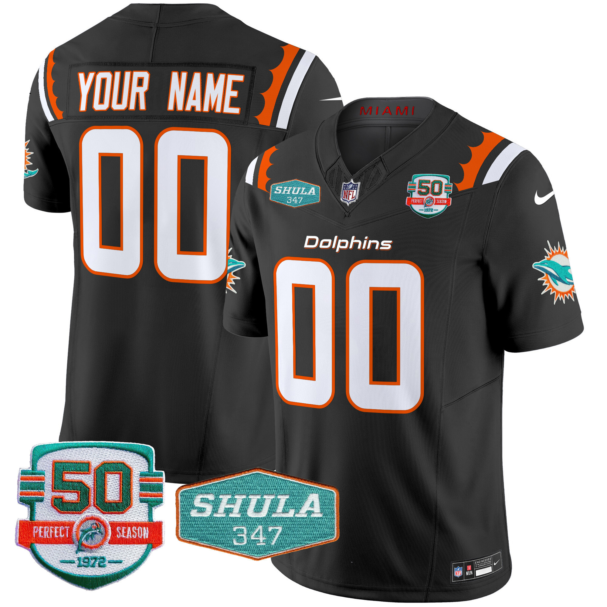 Men's Miami Dolphins 50th & Don Shula 347 Memorial Patch Vapor Limited Custom Black Jersey - All Stitched