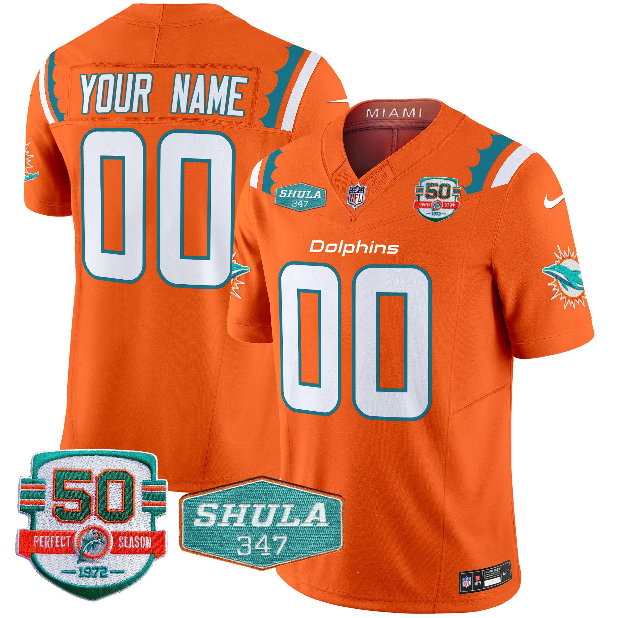 Men's Miami Dolphins 50th & Don Shula 347 Memorial Patch Vapor Limited Custom Orange Jersey - All Stitched