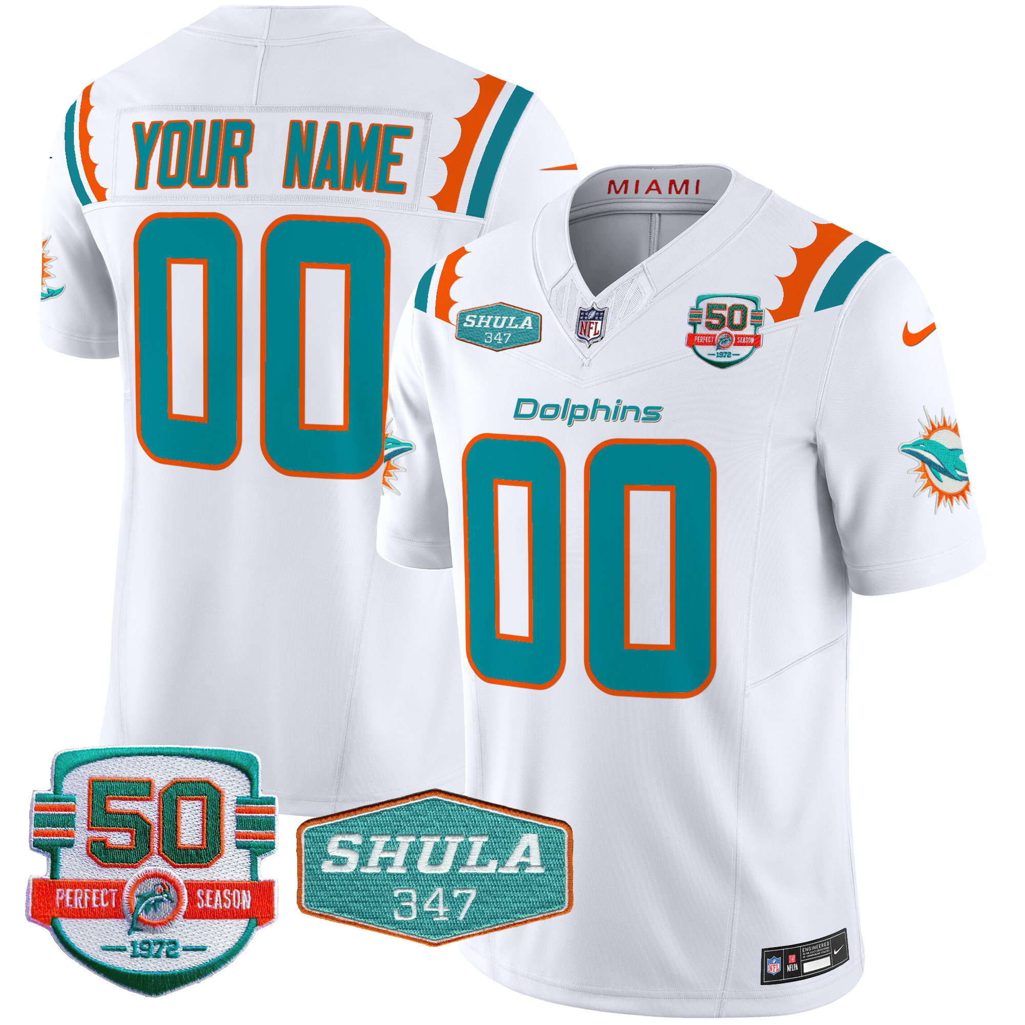 Men's Miami Dolphins 50th & Don Shula 347 Memorial Patch Vapor Limited Custom White Jersey - All Stitched