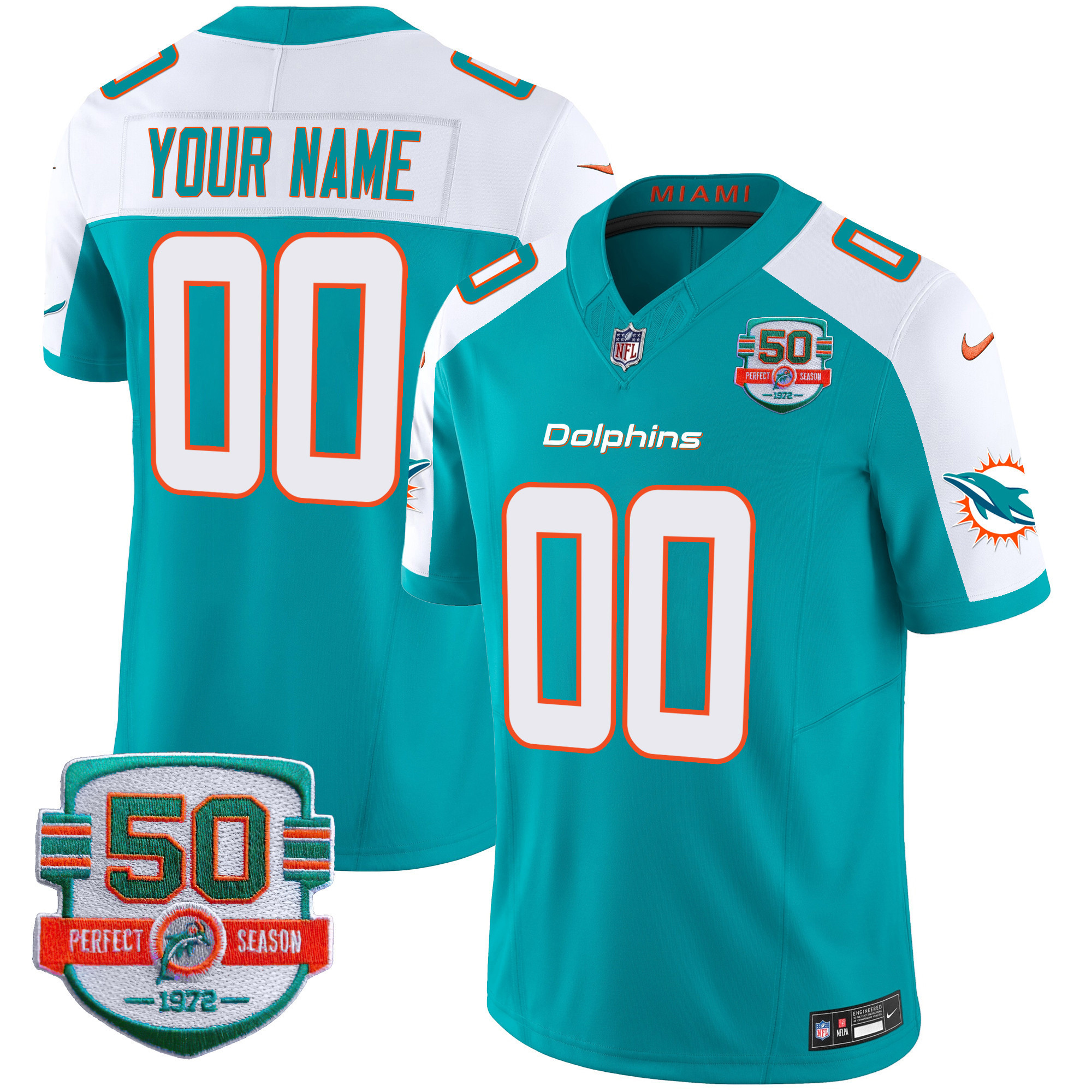 Men's Miami Dolphins 50th 1972 Perfect Season Patch Vapor Custom Aqua Alternate Jersey - All Stitched