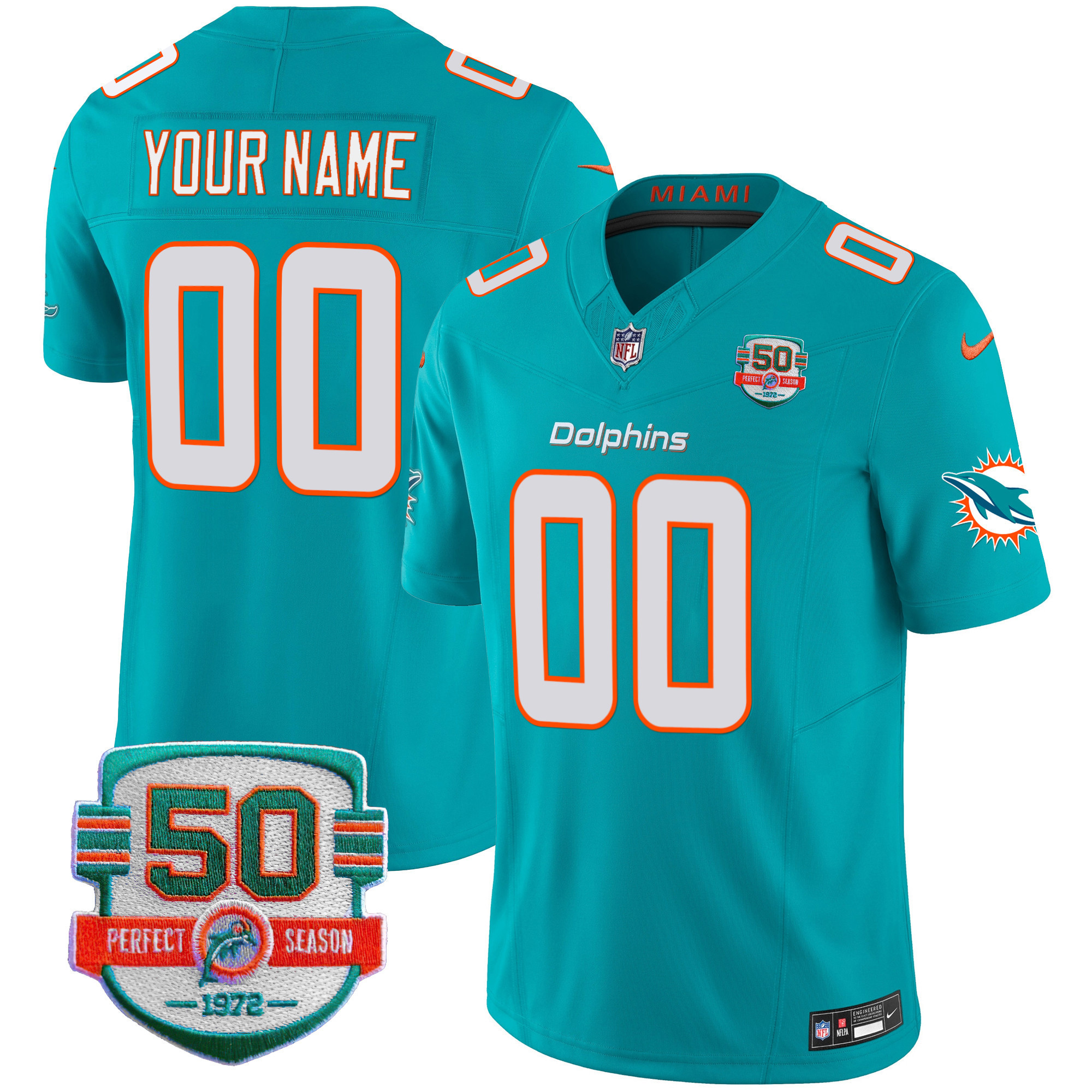 Men's Miami Dolphins 50th 1972 Perfect Season Patch Vapor Custom Aqua Jersey - All Stitched