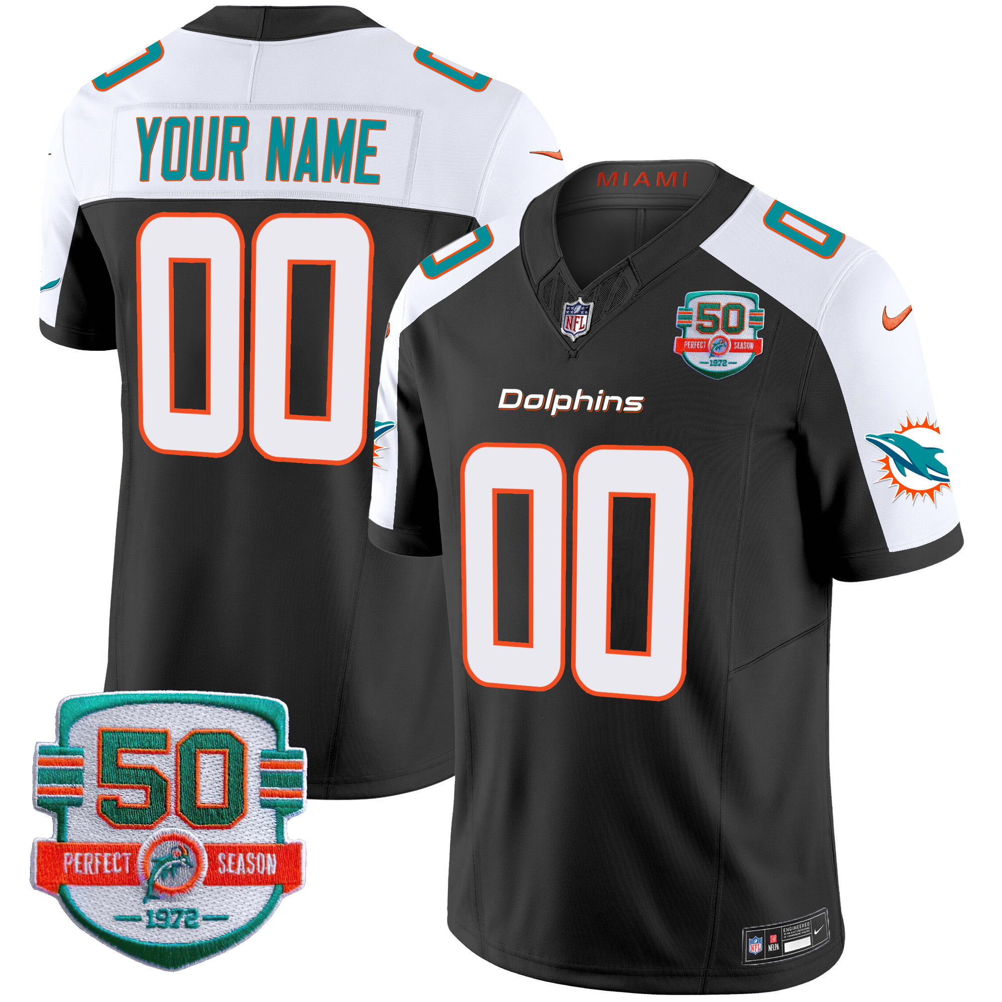 Men's Miami Dolphins 50th 1972 Perfect Season Patch Vapor Custom Black Alternate Jersey - All Stitched