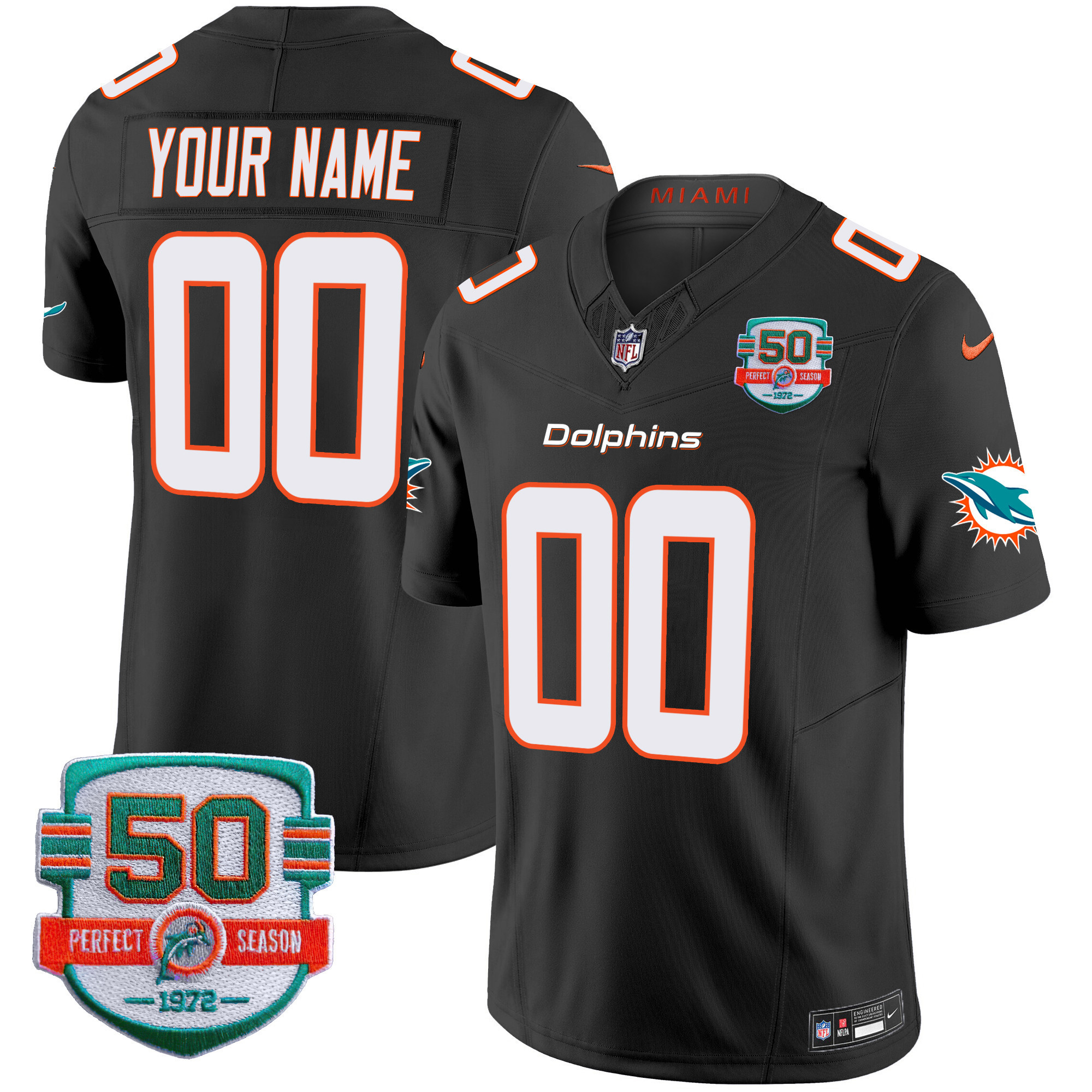 Men's Miami Dolphins 50th 1972 Perfect Season Patch Vapor Custom Black Jersey - All Stitched