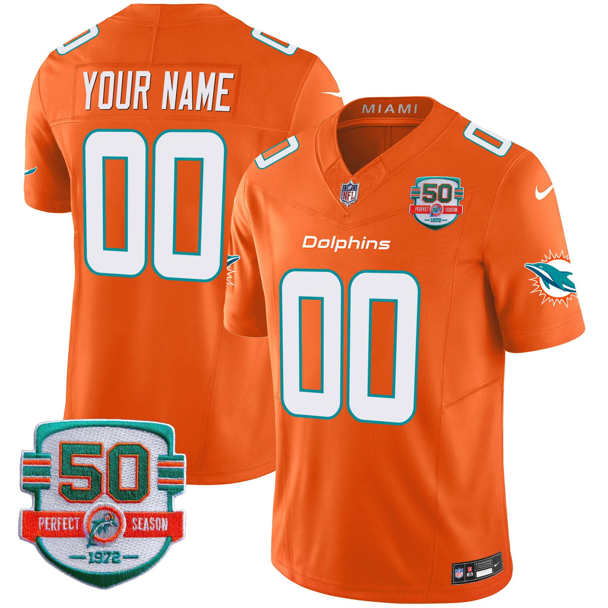 Men's Miami Dolphins 50th 1972 Perfect Season Patch Vapor Custom Orange Jersey - All Stitched