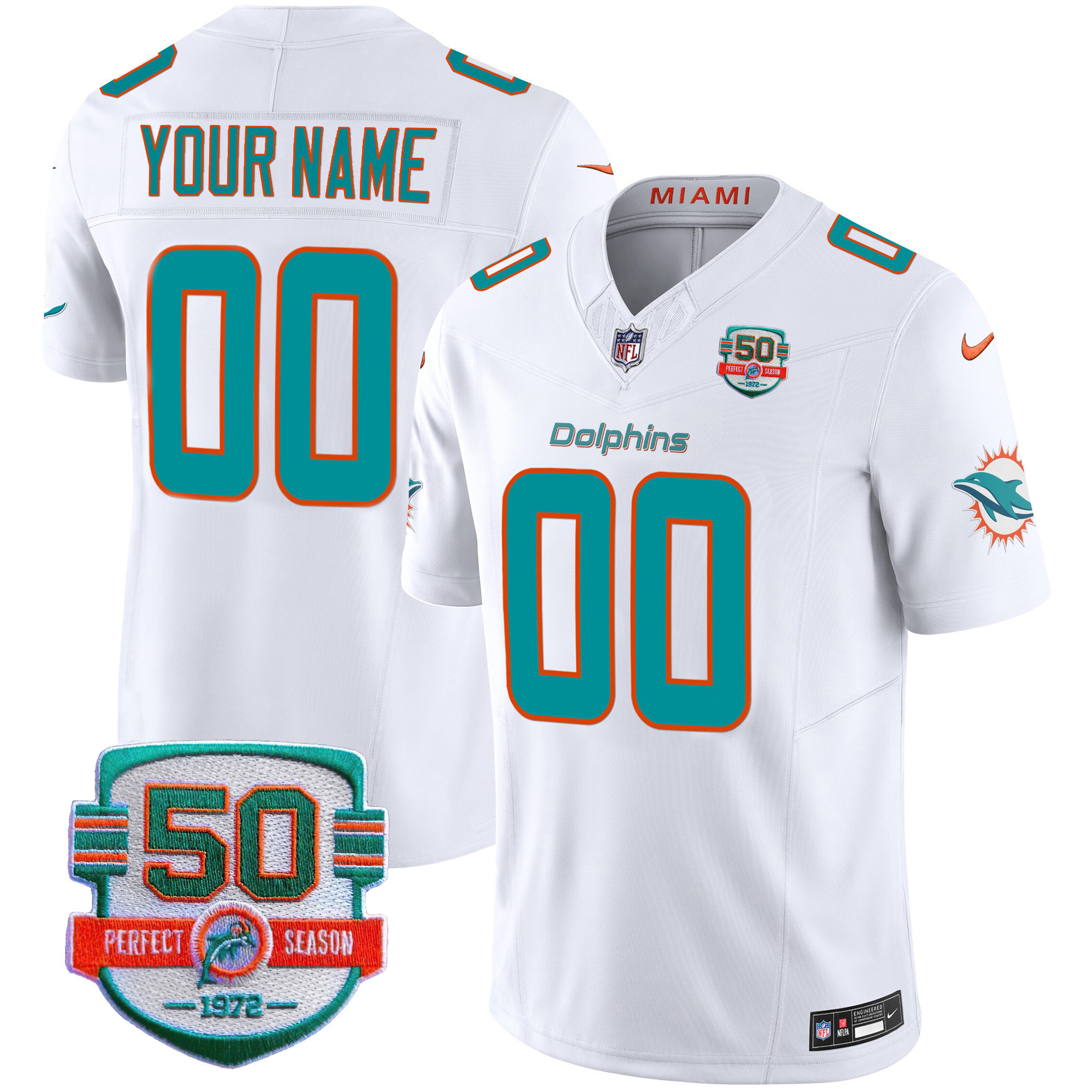 Men's Miami Dolphins 50th 1972 Perfect Season Patch Vapor Custom White Jersey - All Stitched