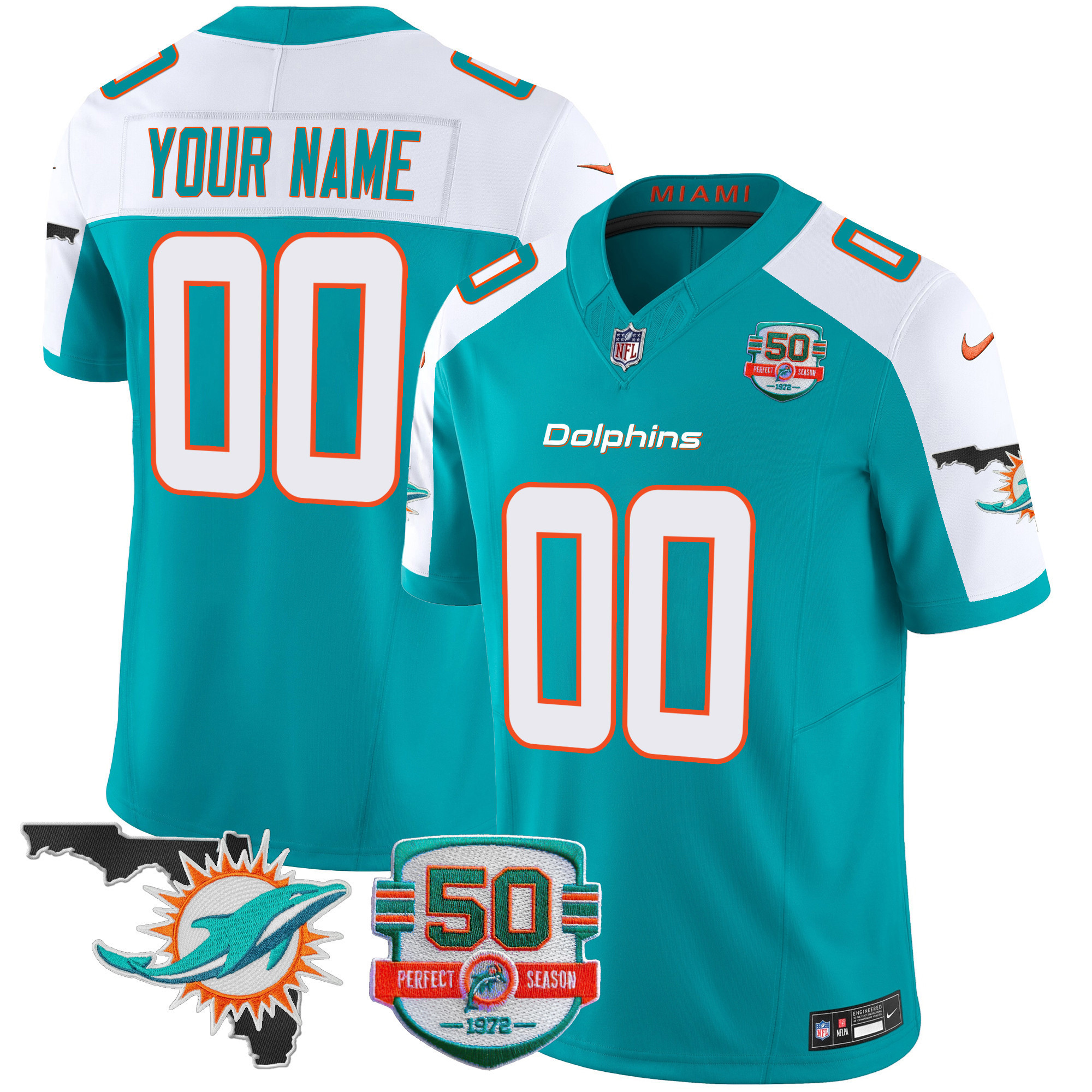 Men's Miami Dolphins 50th Perfect Season & Florida Patch Vapor Custom Aqua Alternate Jersey - All Stitched