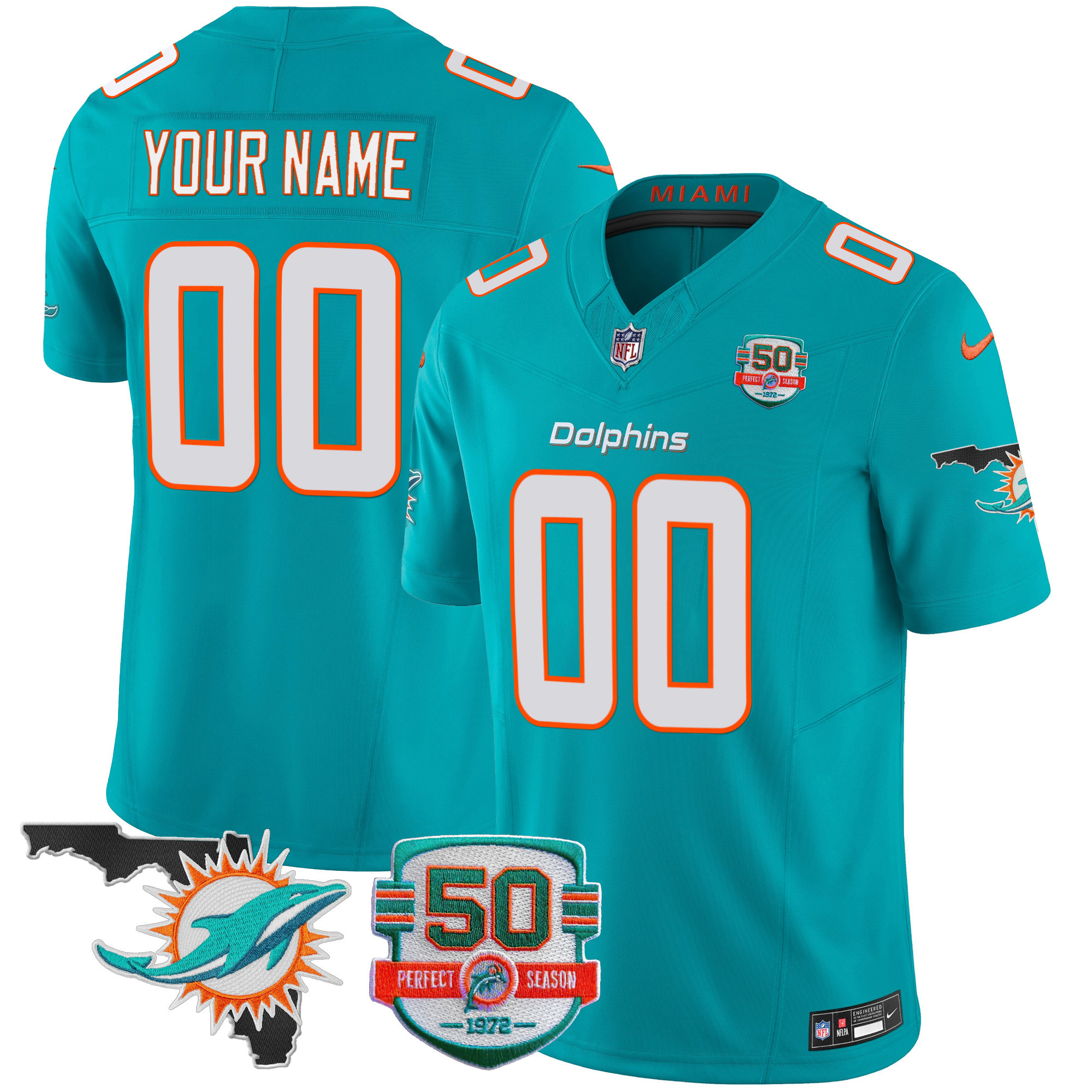 Men's Miami Dolphins 50th Perfect Season & Florida Patch Vapor Custom Aqua Jersey - All Stitched