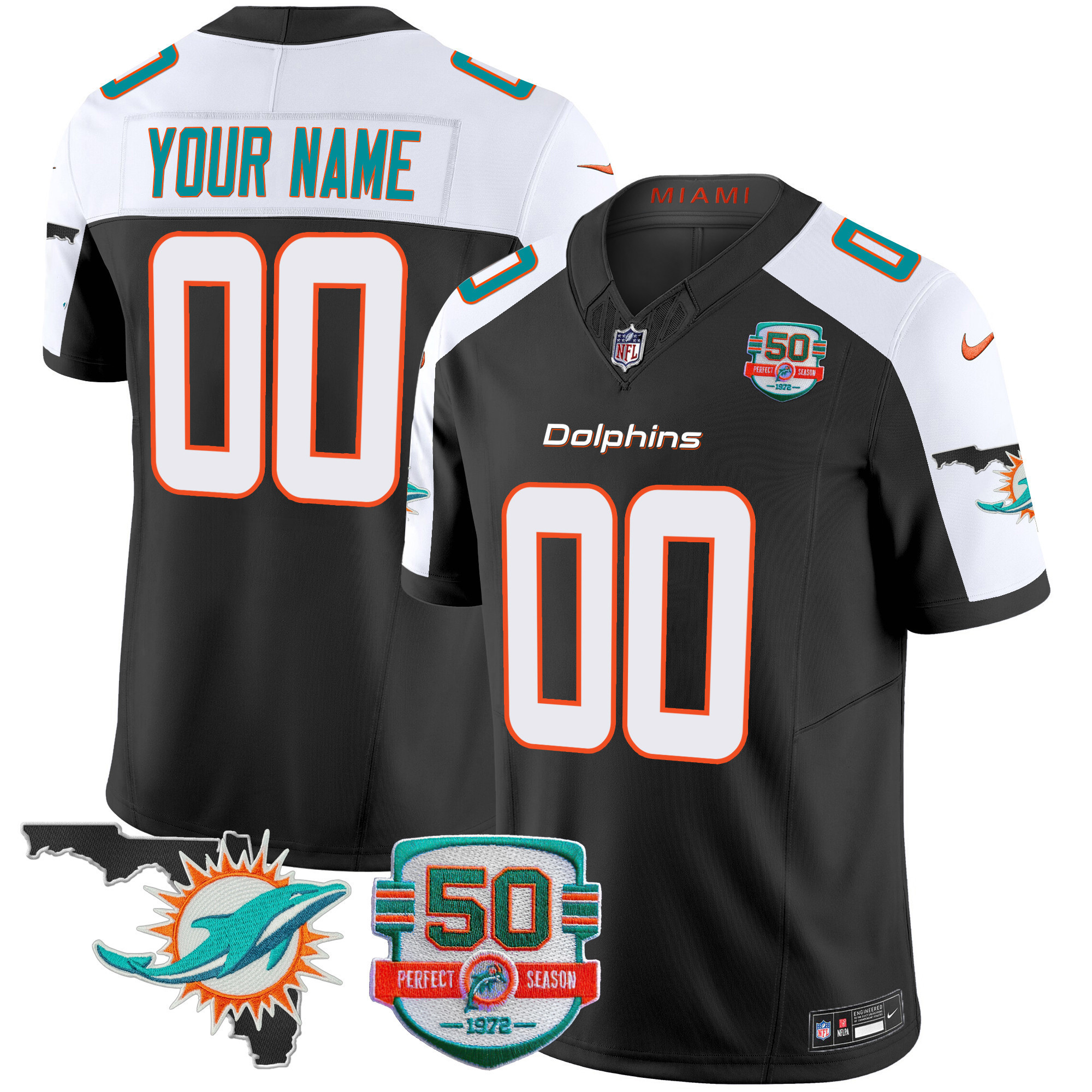 Men's Miami Dolphins 50th Perfect Season & Florida Patch Vapor Custom Black Alternate Jersey - All Stitched
