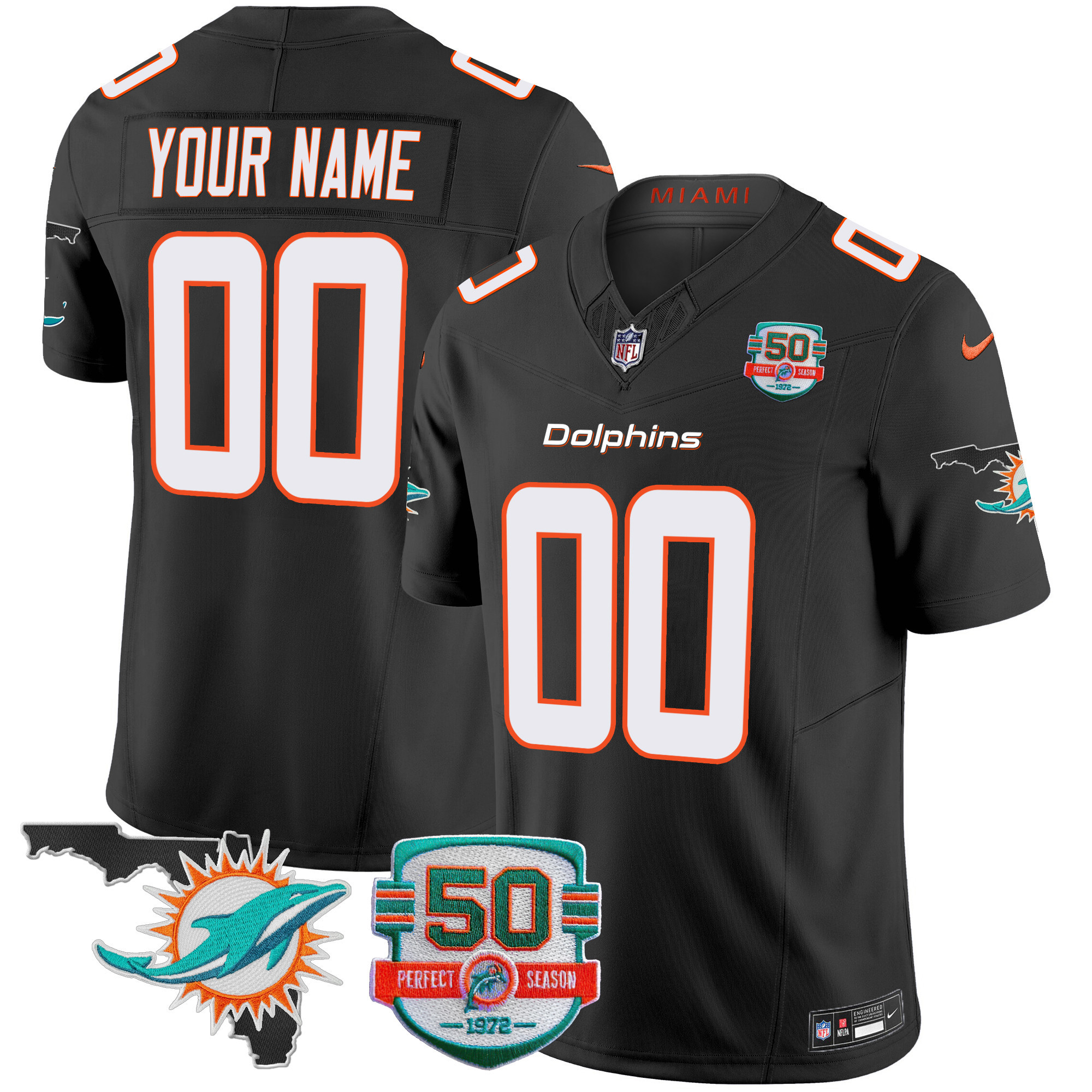 Men's Miami Dolphins 50th Perfect Season & Florida Patch Vapor Custom Black Jersey - All Stitched