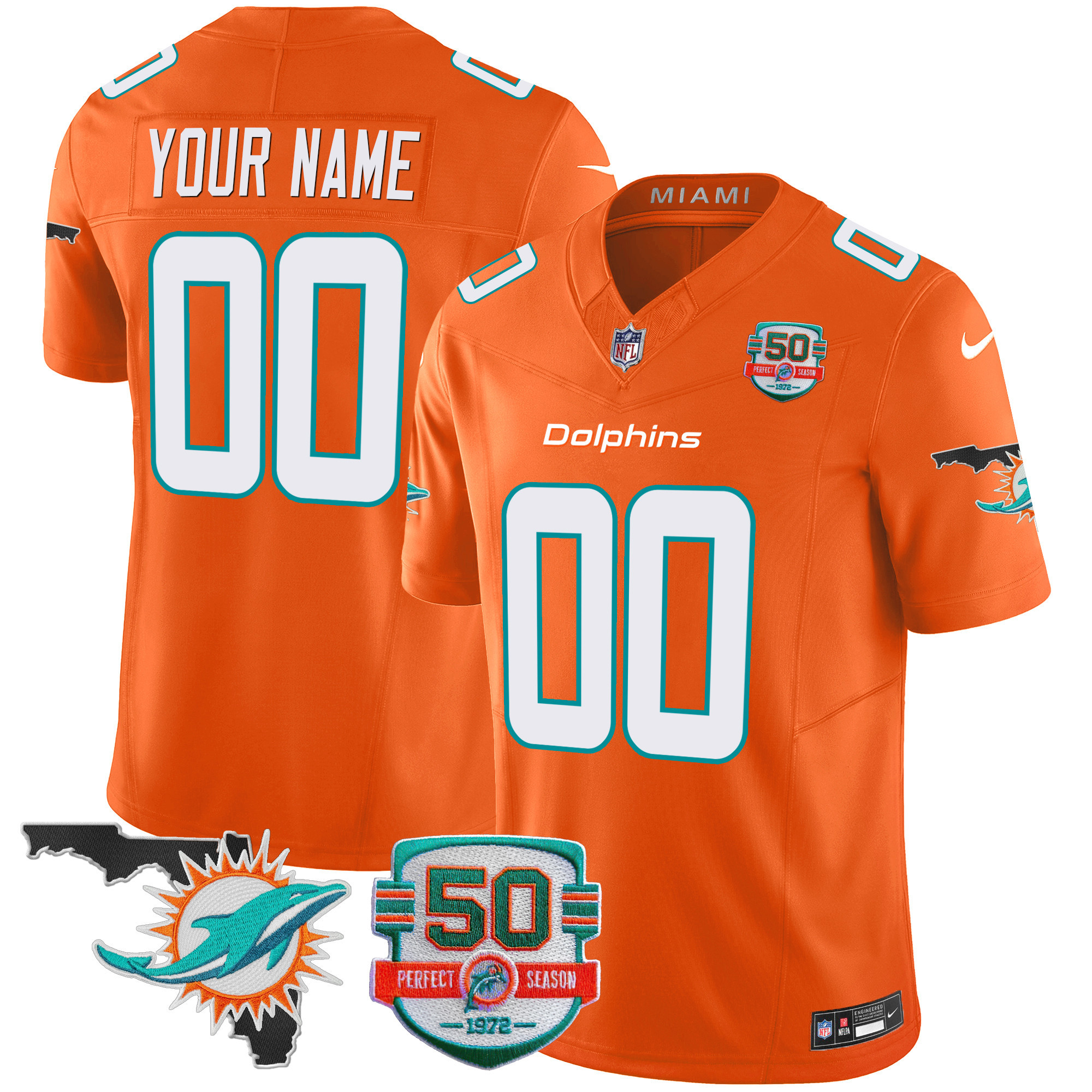 Men's Miami Dolphins 50th Perfect Season & Florida Patch Vapor Custom Orange Jersey - All Stitched