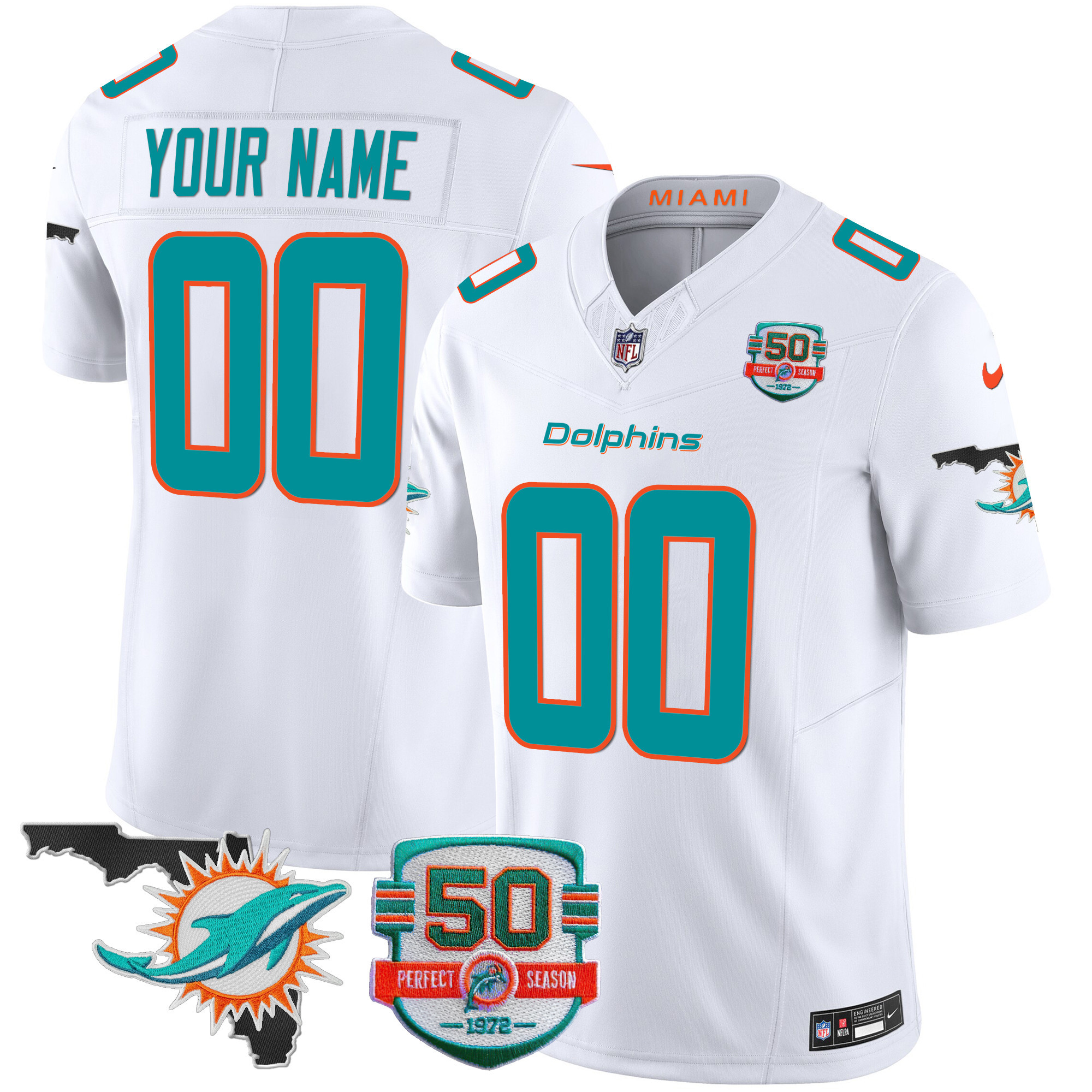 Men's Miami Dolphins 50th Perfect Season & Florida Patch Vapor Custom White Jersey - All Stitched