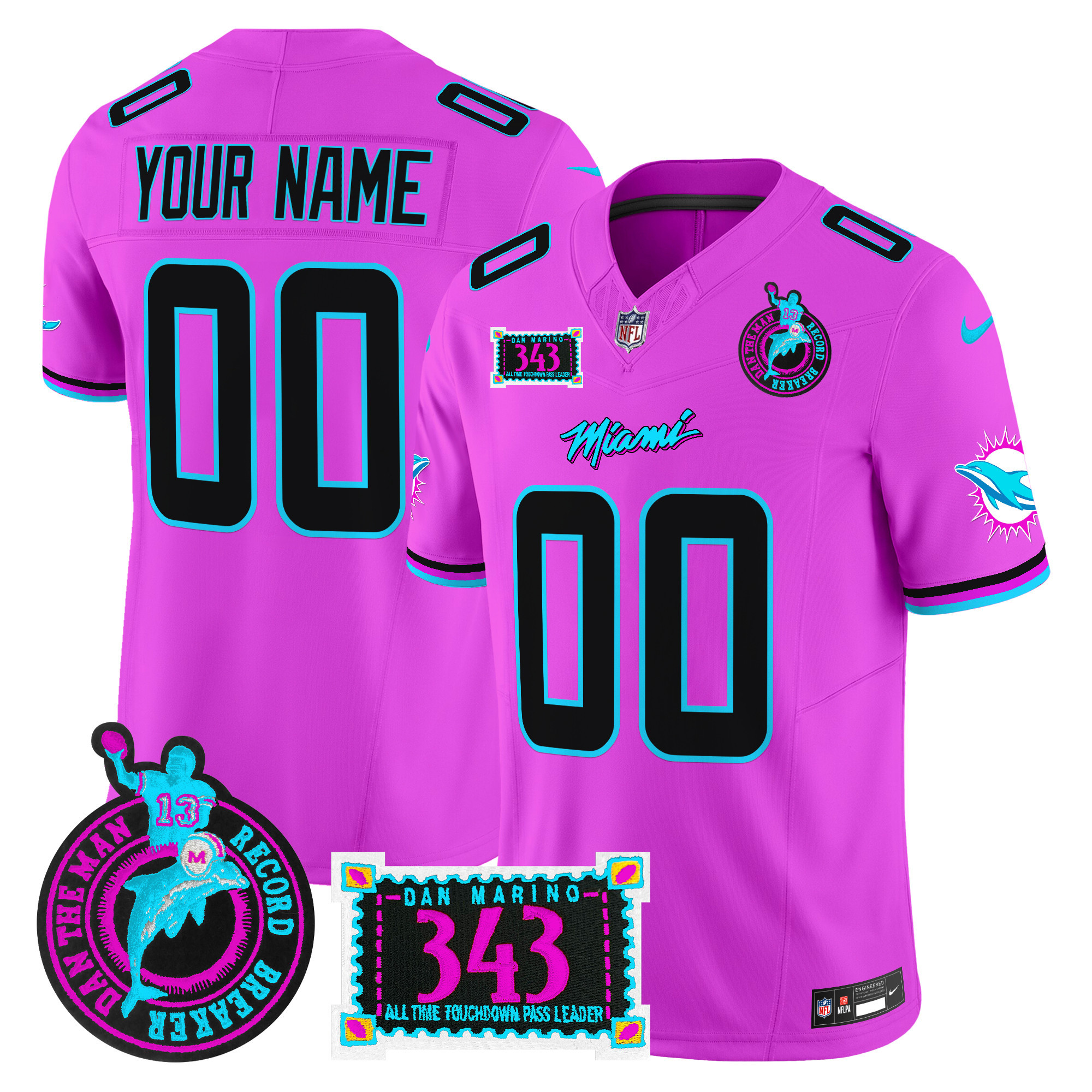 Men's Miami Dolphins "Dan the Man Record Breaker" Patch Vapor Limited Custom Pink Jersey - All Stitched