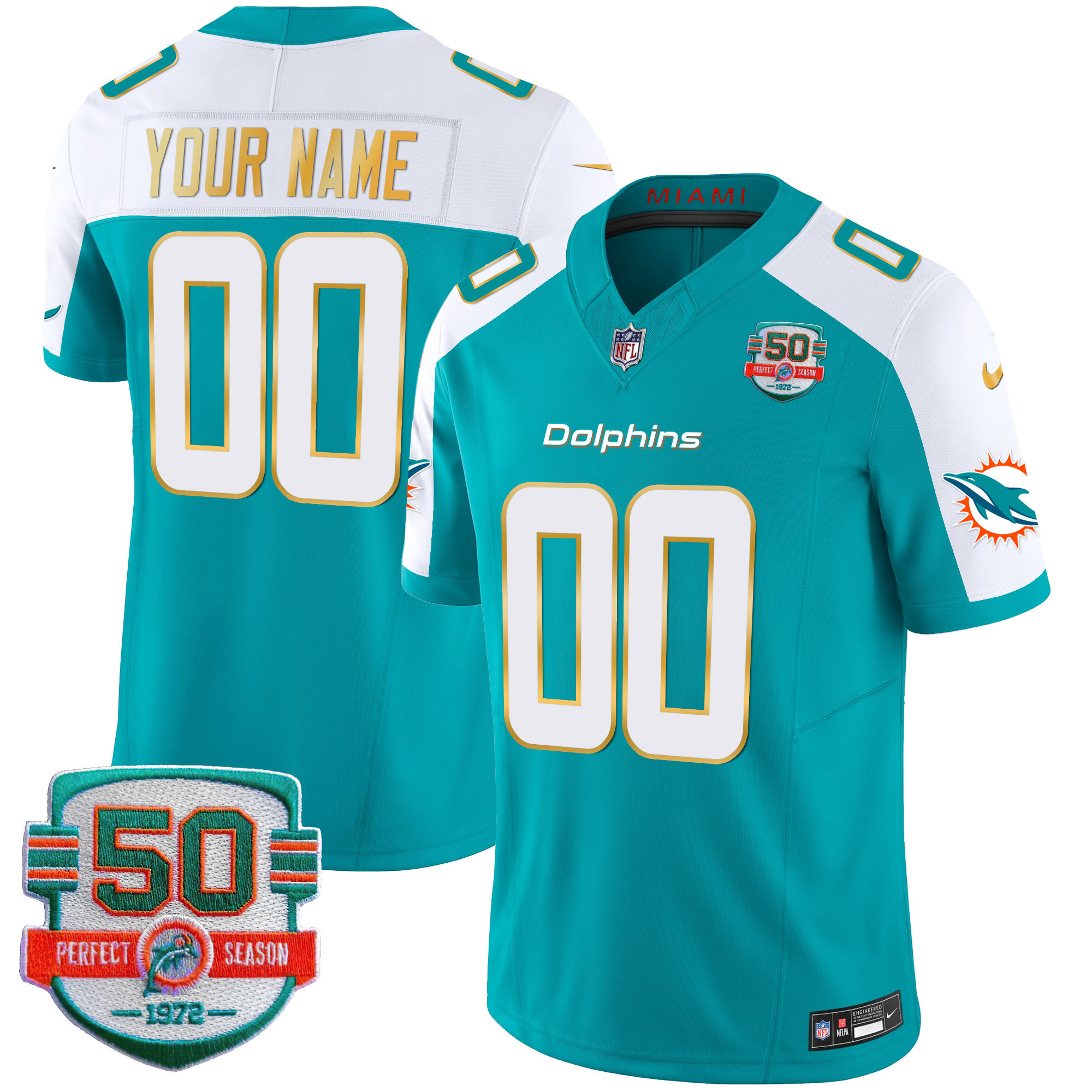 Men's Miami Dolphins Gold Trim Vapor Limited Custom Aqua Alternate Jersey - All Stitched