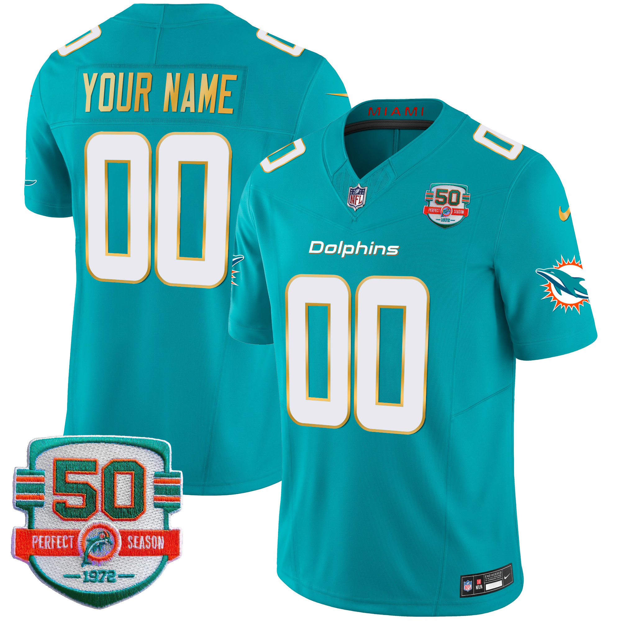 Men's Miami Dolphins Gold Trim Vapor Limited Custom Aqua Jersey - All Stitched